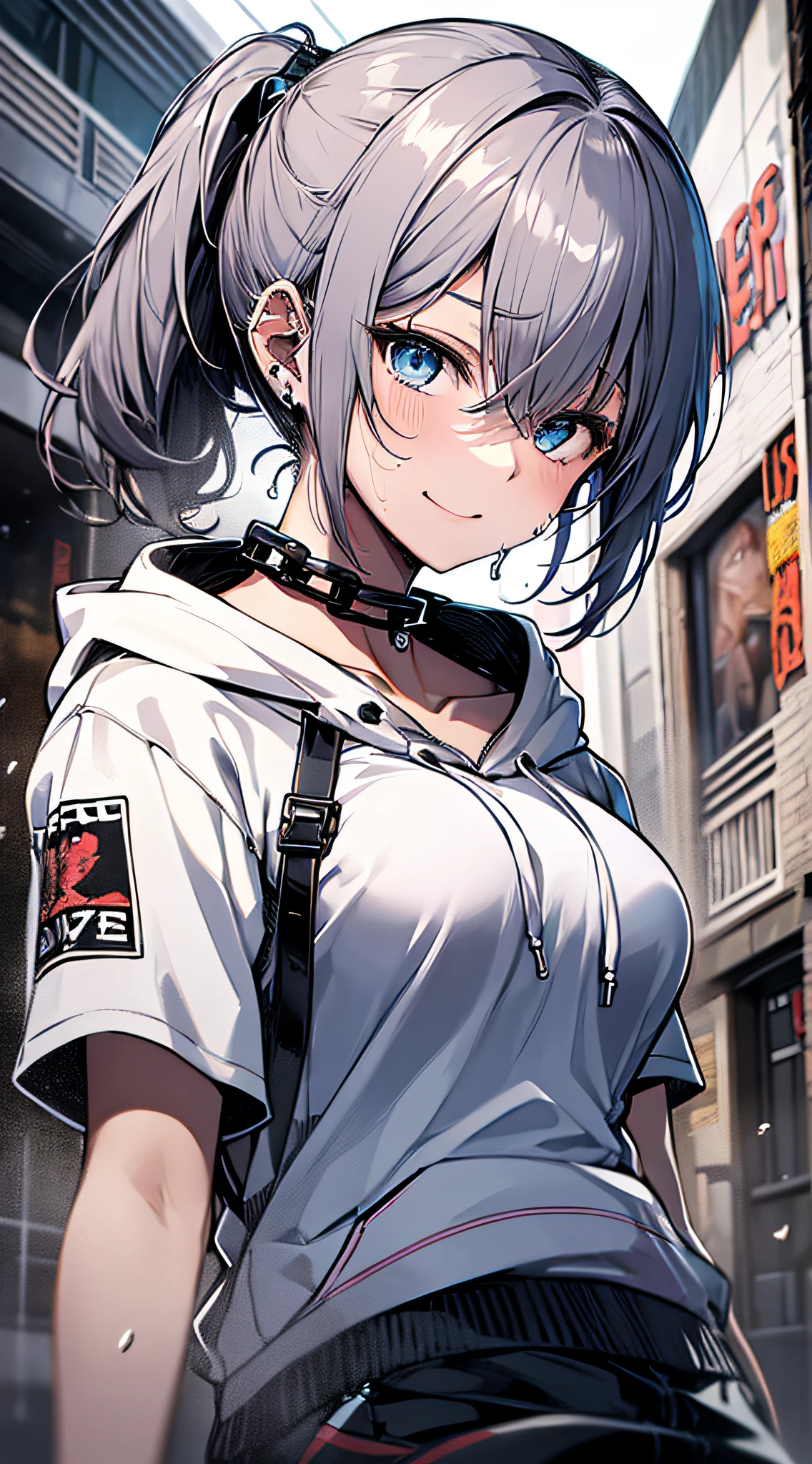 top-quality、Top image quality、​masterpiece、girl with((18year old、Black short-sleeved hoodie(1:2)、White pants、Best Bust、Bust 85、silber hair、disheveled ponytail、Blue eyes、open chest wide、Happiness、Sweating、Chain Accessories、break dance)）hiquality、visualart、Background with((movie theatre))、masutepiece