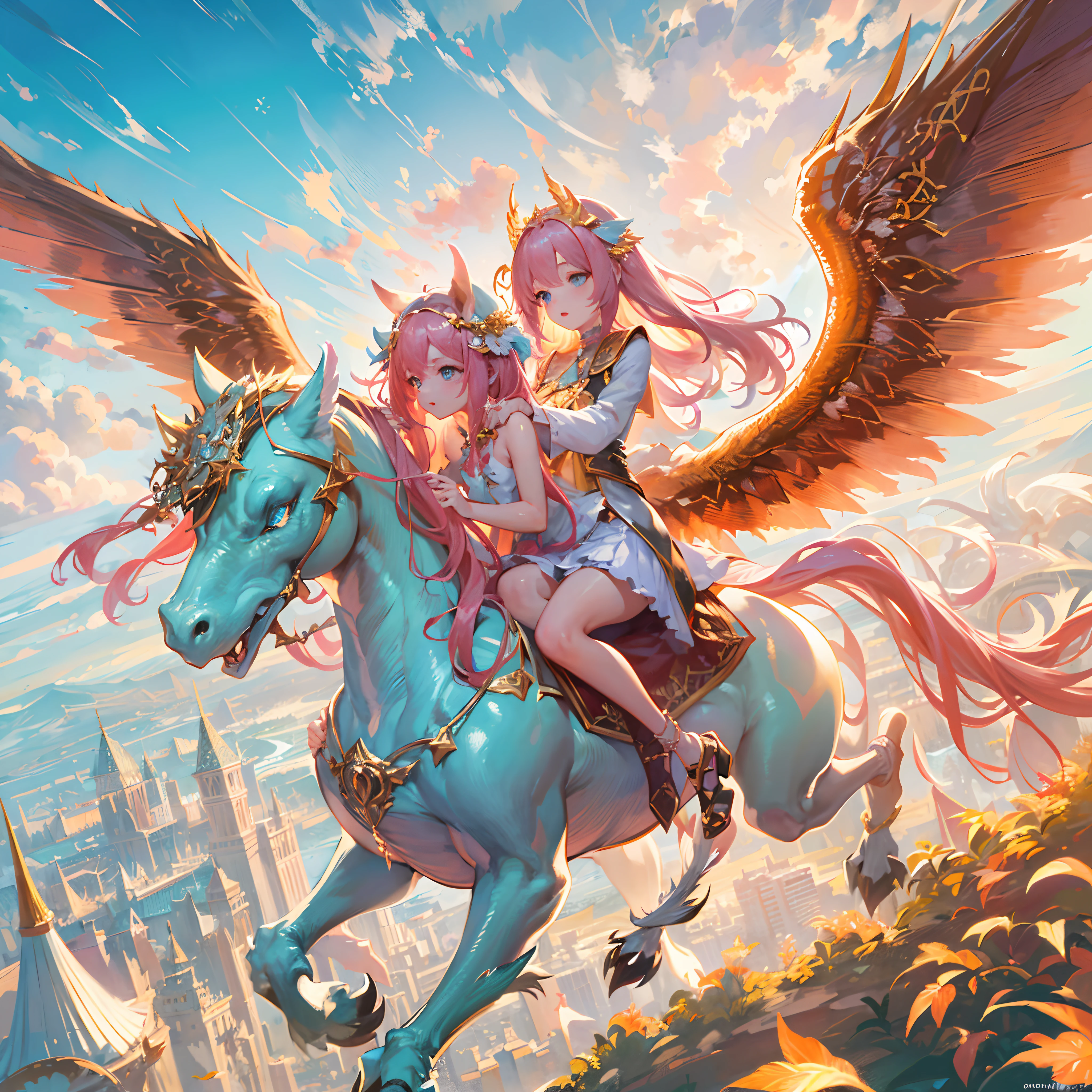 Japanimation, eroge, Incredibly hyper-detailed and intricately realistic, Perfect, Cover art, zoomout, hyper detailed painting, luminism, with an intricate, 4k resolution concept art portrait, extremely high level illustration, 16k, extremely high level illustration, absurd resolution, absurd detailed, soft and warm lighting, (((masterpiece))), best quality, extremely detailed, fantasy lighting, beautiful detailed glow, perspective, depth of field, proportion, blurry background, bokeh, sharp focus, depth and dimension, Fantasy scene, Fantasy composition, Fantasy lighting, an extremely beautiful detailed Sky Garden, Beautiful, beautiful detail girls, (yuri:1.2), (lesbian:1.2), (2 girls:1.2), (kiss: 1.2), (hug: 1.2), full body character, Beautiful, Female, Long Pink Hair, Azure eyes, Detailed face, White skin, The girl is putting her weight on one leg, Pegasus, Dragon, gryphon, lily, sky, magic, floating construction, riding