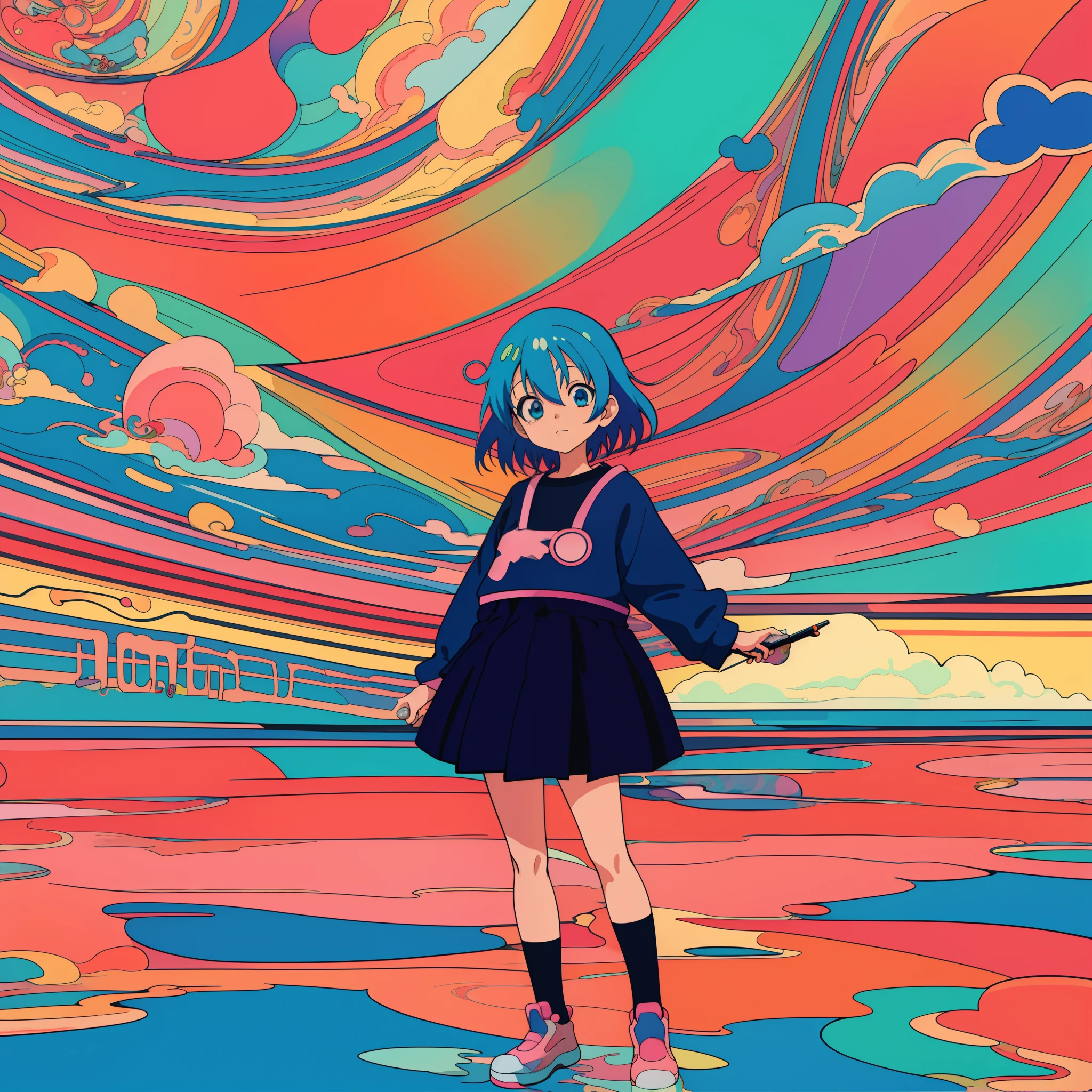 Anime girl standing in front of colorful swirl background, dreamy psychedelic anime, anime style 4 k, anime style illustration, Anime style. 8K, lofi-girl, anime graphic illustration, Anime Art Style, digital art in anime style, 9 0 s anime art style, anime vibes, Anime art wallpaper 8k, beautiful anime art style, anime art wallpaper 4k