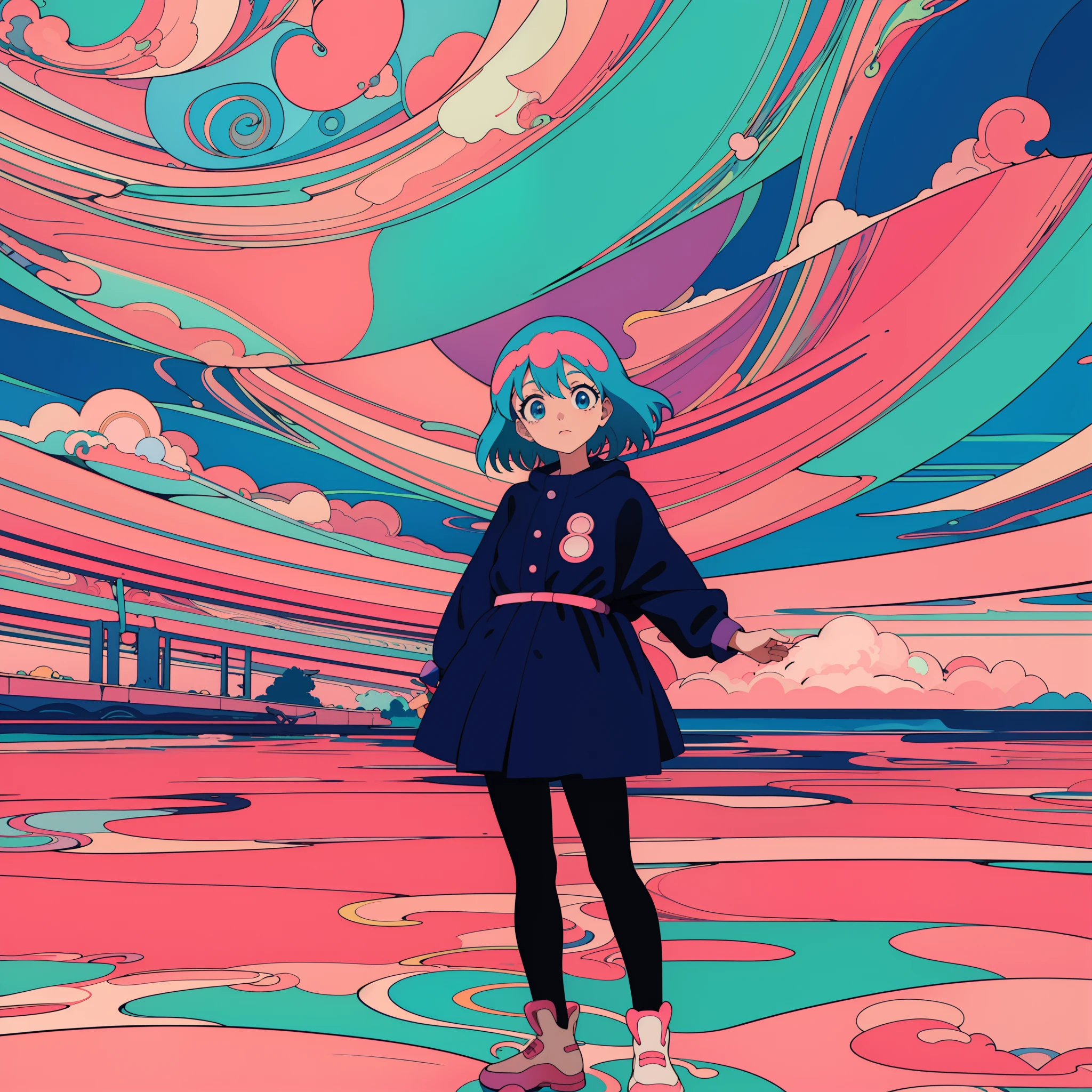 Anime girl standing in front of colorful swirl background, dreamy psychedelic anime, anime style 4 k, anime style illustration, Anime style. 8K, lofi-girl, anime graphic illustration, Anime Art Style, digital art in anime style, 9 0 s anime art style, anime vibes, Anime art wallpaper 8k, beautiful anime art style, anime art wallpaper 4k