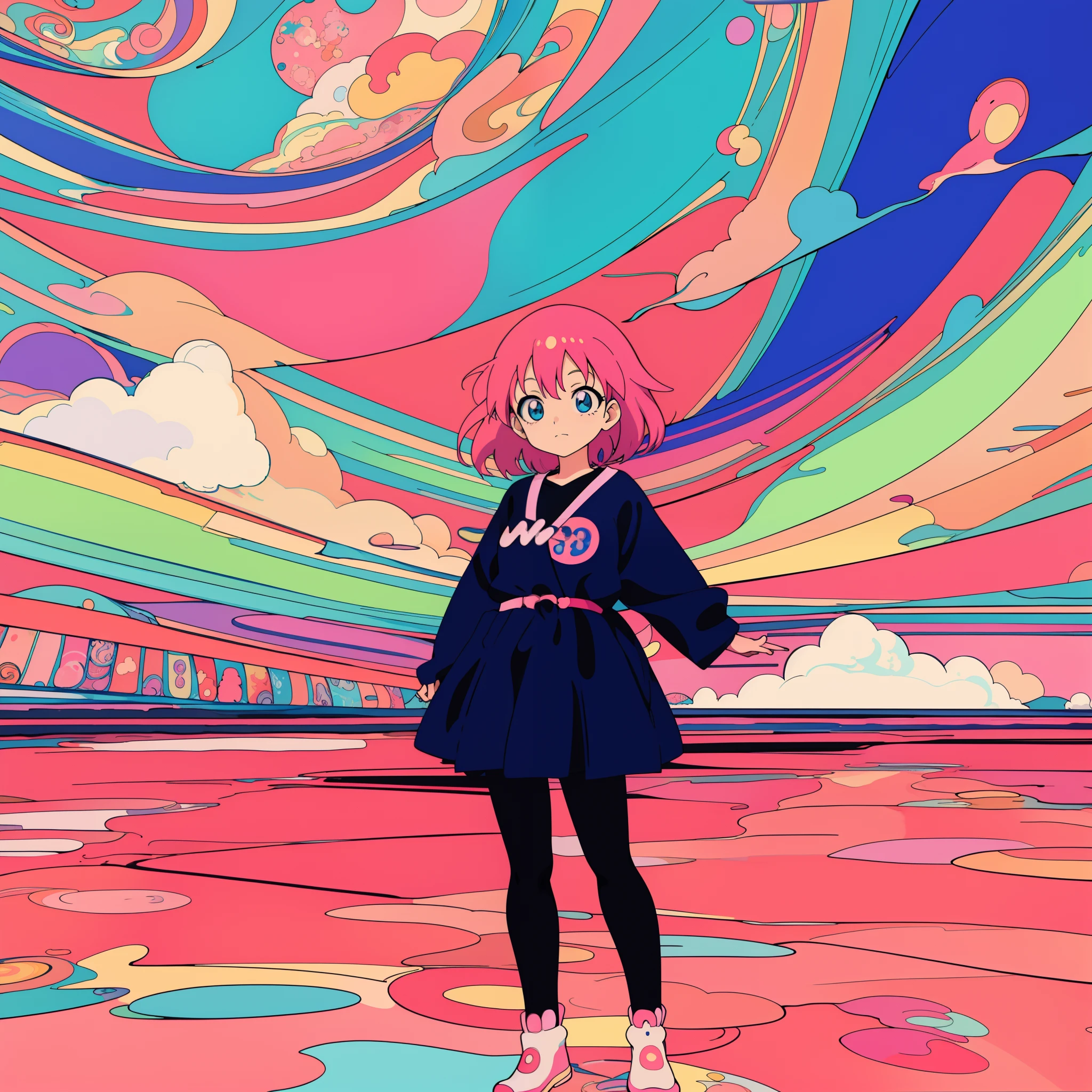 Anime girl standing in front of colorful swirl background, dreamy psychedelic anime, anime style 4 k, anime style illustration, Anime style. 8K, lofi-girl, anime graphic illustration, Anime Art Style, digital art in anime style, 9 0 s anime art style, anime vibes, Anime art wallpaper 8k, beautiful anime art style, anime art wallpaper 4k