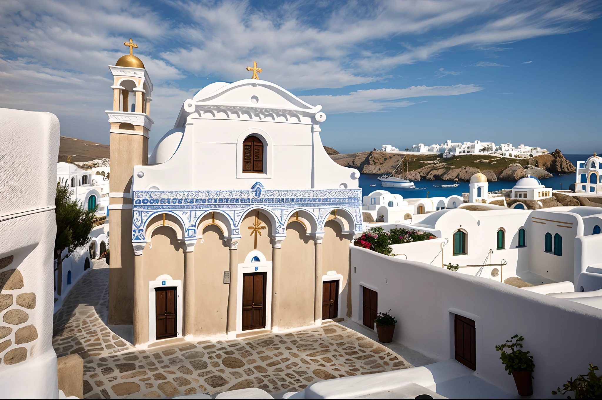 a very detailed photography of the facade of a christian orthodox church in Mykonos, many white buildings are part of the city, hyperrealism