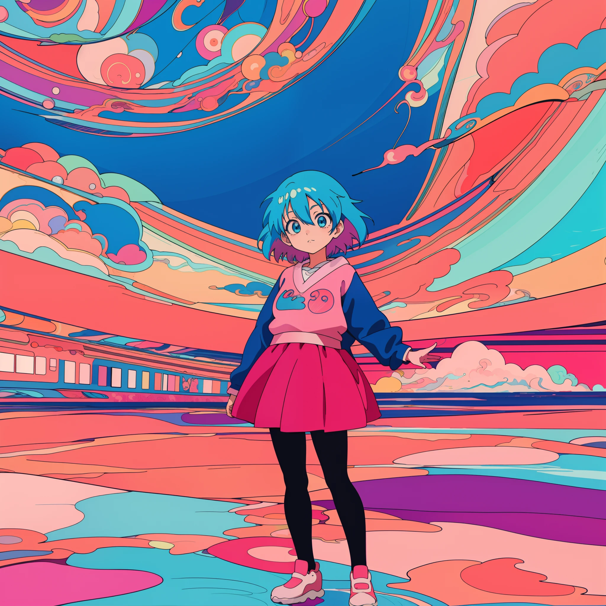 Anime girl standing in front of colorful swirl background, dreamy psychedelic anime, anime style 4 k, anime style illustration, Anime style. 8K, lofi-girl, anime graphic illustration, Anime Art Style, digital art in anime style, 9 0 s anime art style, anime vibes, Anime art wallpaper 8k, beautiful anime art style, anime art wallpaper 4k