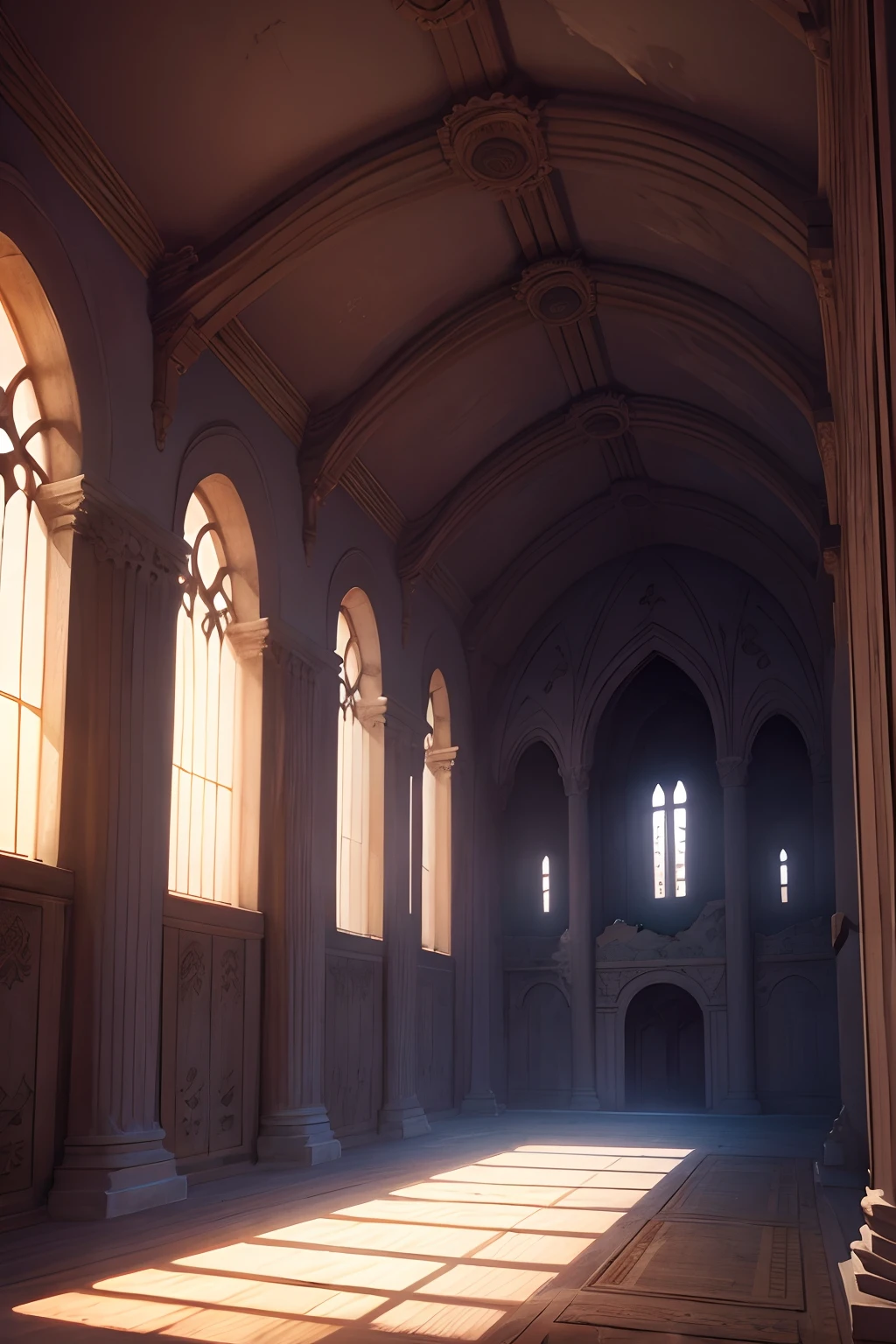 inside a beautiful broken down ancient castle with peaceful creature sleeping around with the evening sky in a semi realistic anime style