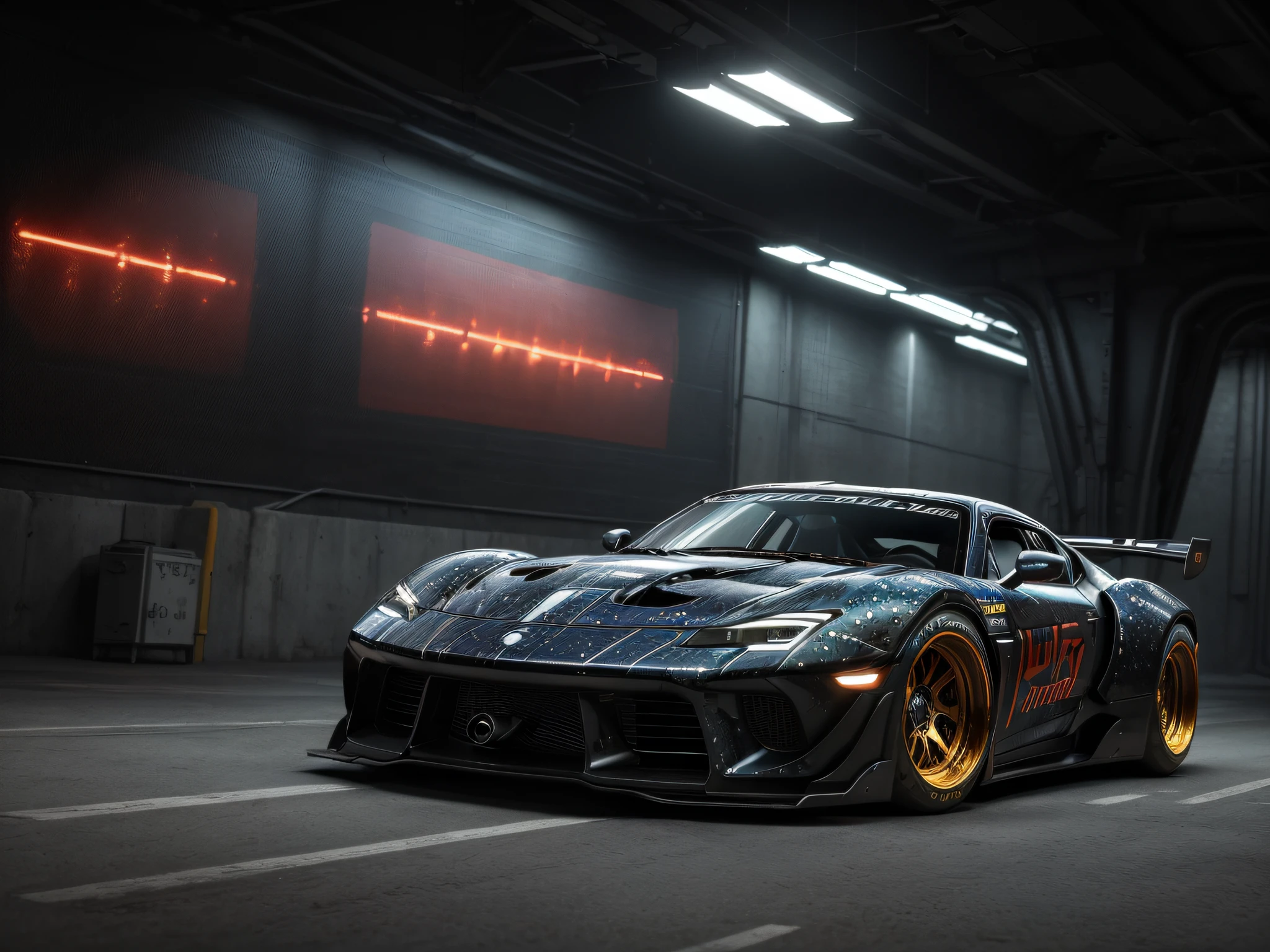 (best quality,ultra-detailed,realistic:1.37),HDR,UHD,studio lighting,extreme detail description,vivid colors,physically-based rendering,bokeh,3/4 front view,futuristic cyberpunk hotrod zeekars,glowing tires,parking lot.
