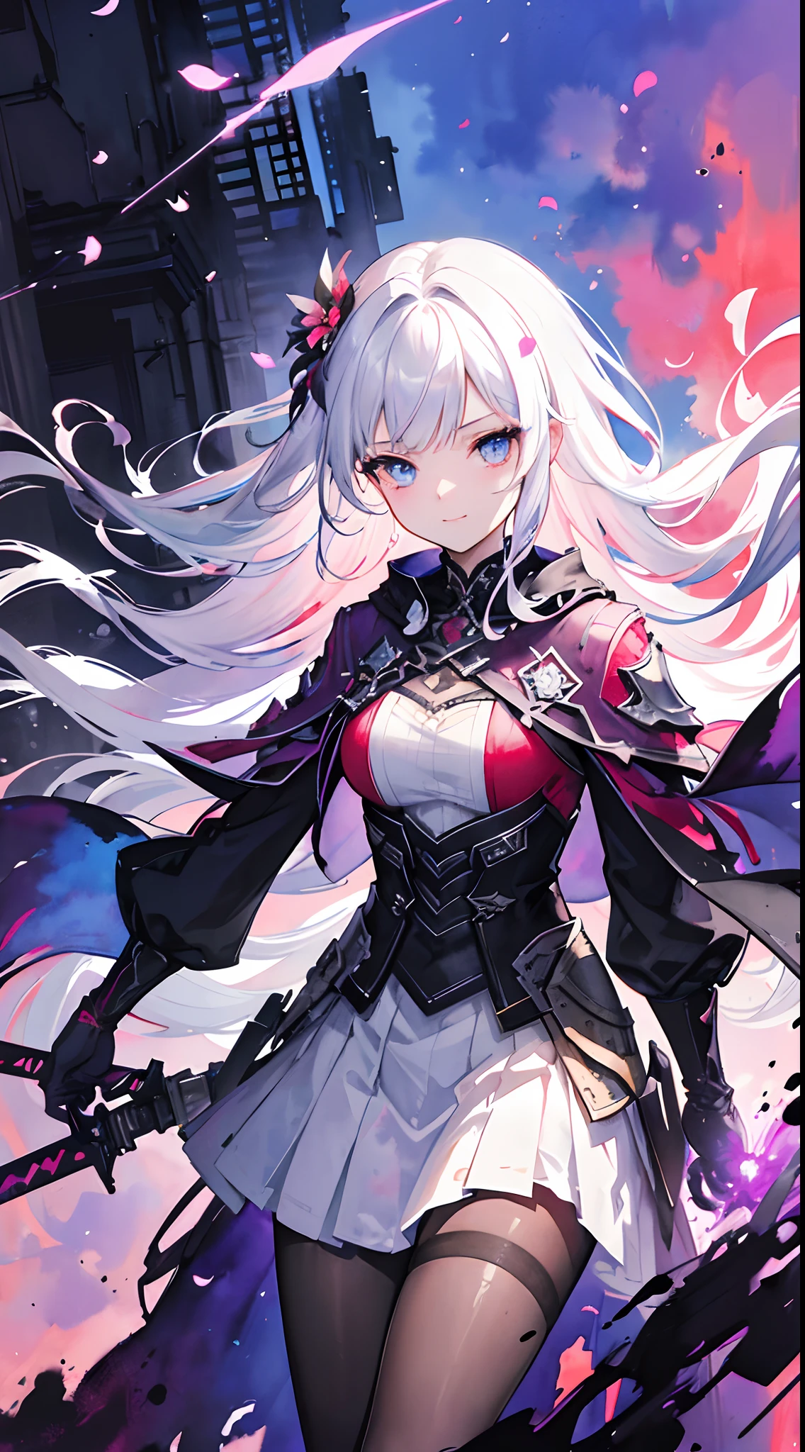 masterpiece, best quality, 1girl, (colorful),(finely detailed beautiful eyes and detailed face),cinematic lighting,bust shot,extremely detailed CG unity 8k wallpaper,white hair,solo,smile,intricate skirt,((flying petal)),(Flowery meadow) sky, cloudy_sky, building, moonlight, moon, night, (dark theme:1.3), light, fantasy,,fantasy, high contrast, ink strokes, explosions, over exposure, purple and red tone impression , abstract, ((watercolor painting by John Berkey and Jeremy Mann )) brush strokes, negative space,black pantyhose,laser sword