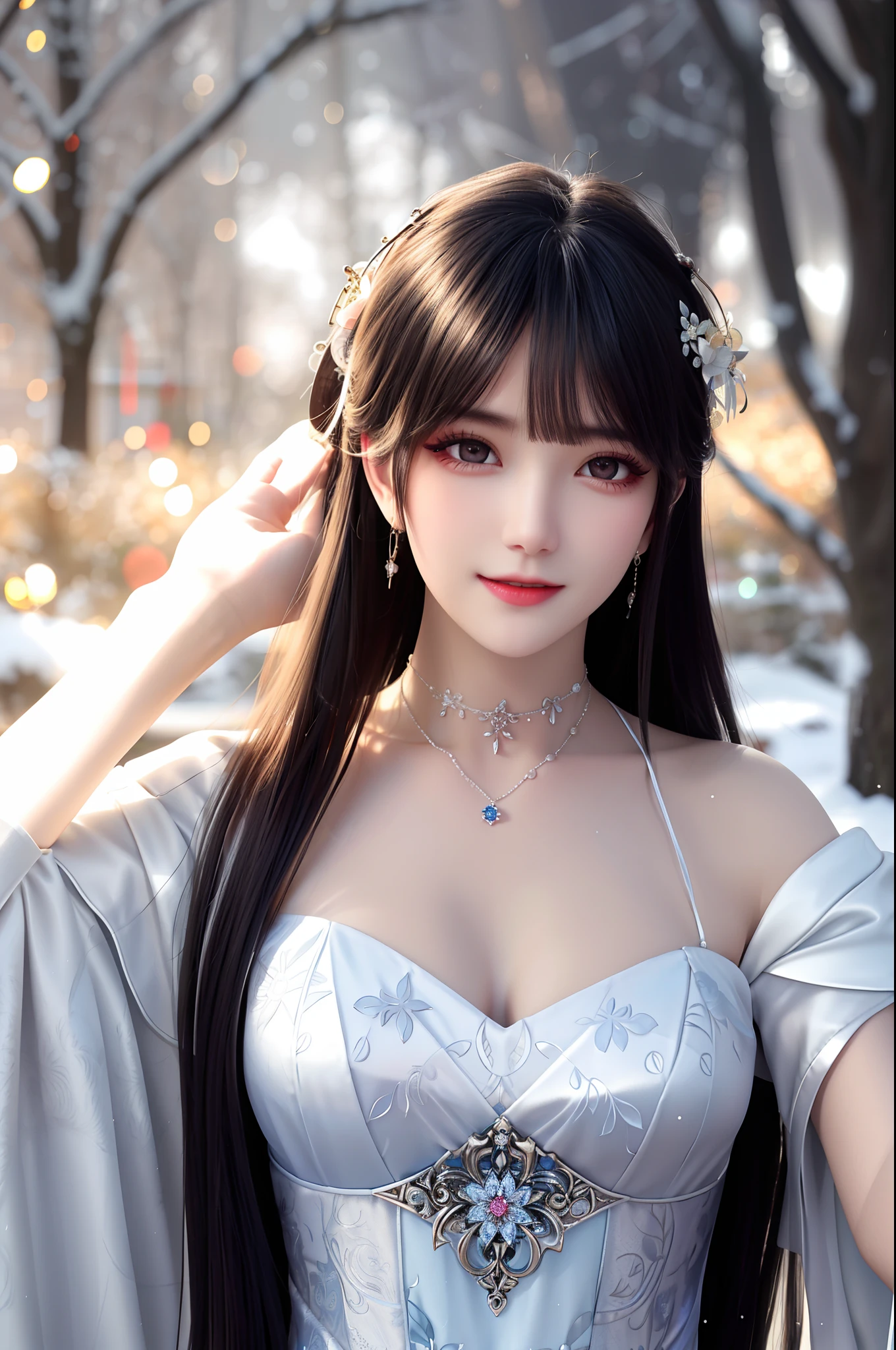 best qualityer,8K, tmasterpiece, A high resolution, 1girll, Clear silk porcelain dress, Fur coat, hair adornments, ssmile, Keep one's mouth shut, cparted lips,Large breasts,Shoulder, shift dresses, hair adornments, choker necklace, jewely, Chinese outfit, long whitr hair, 耳Nipple Ring, Detailed beautiful eyes, detailed eyelashes, beautiful face,after sexing_Body, Tyndall effect,realisticlying, edge lit, twotonelighting,(highdetailskin:1.2), 8K, Ultra HD, digital SLR camera, gentle illumination, high high quality, Volumetriclighting, Frankness, photore, A high resolution, Bokeh, at a forest, Falling snow, Winters, in the afternoon