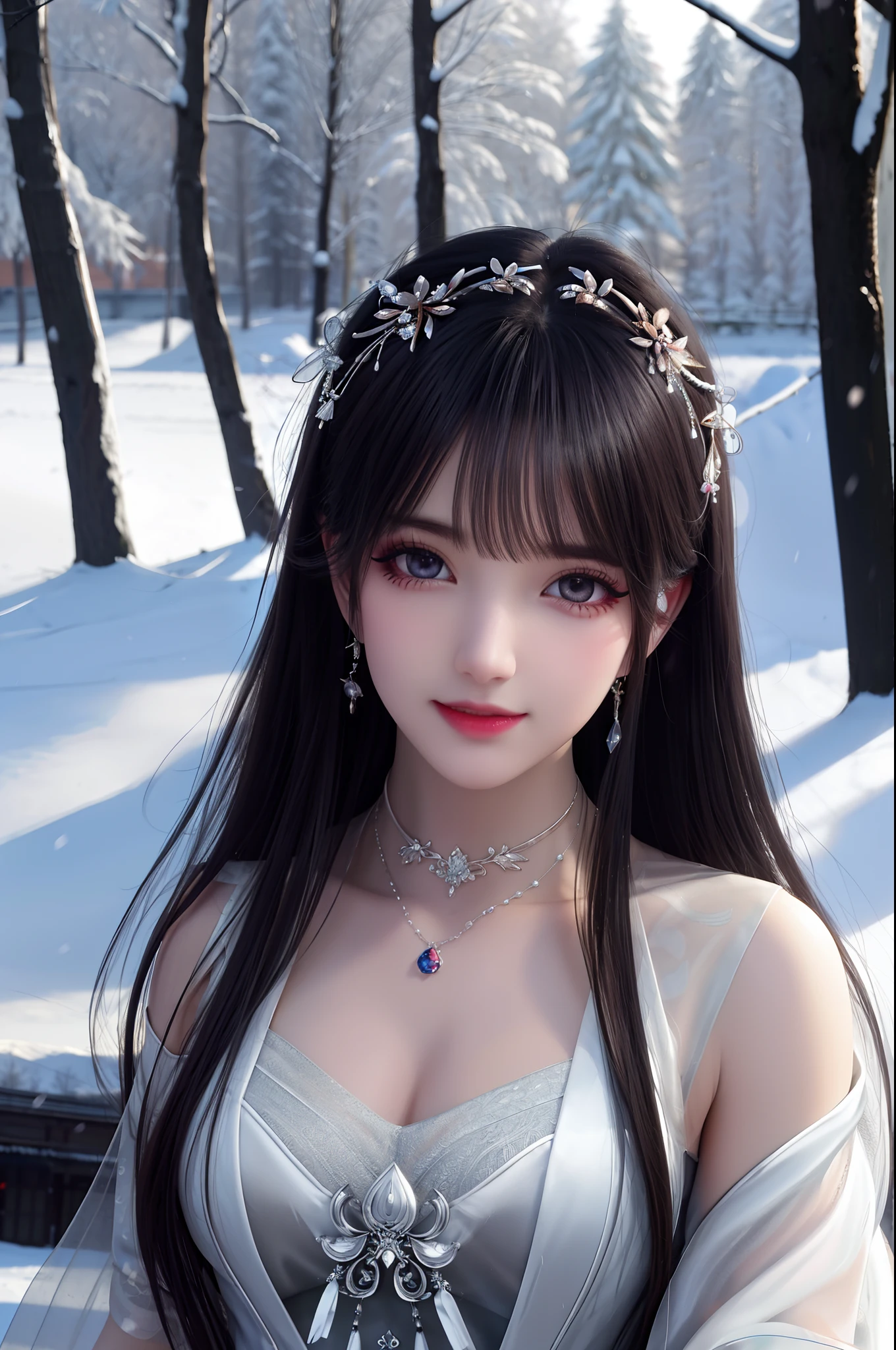 best qualityer，8K， tmasterpiece， A high resolution， 1girll， Clear silk porcelain dress， Fur coat， hair adornments， ssmile， Keep one's mouth shut， cparted lips，Large breasts，Shoulder， shift dresses， hair adornments， choker necklace， jewely， Chinese outfit， long whitr hair， 耳Nipple Ring， Detailed beautiful eyes， detailed eyelashes， beautiful  face，after sexing_Body， Tyndall effect，realisticlying， edge lit， twotonelighting，（highdetailskin：1.2）， 8K, Ultra HD， digital SLR camera， gentle illumination， high high quality， Volumetriclighting， Frankness， photore， A high resolution， Bokeh， at a forest， Falling snow， Winters， in the afternoon
