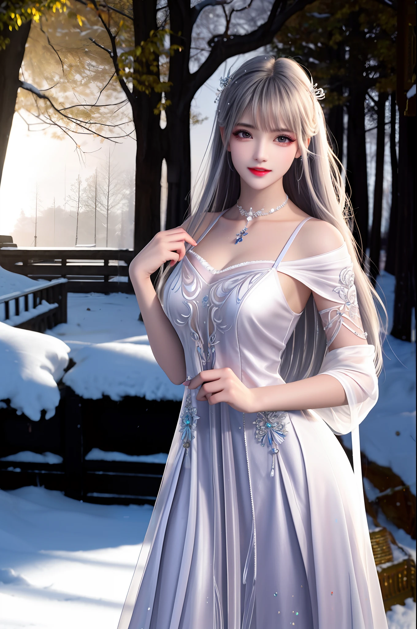 (best quality,4k,8k,highres,masterpiece:1.2),ultra-detailed,realistic:1.37,dreamy ice and snow world,frosty landscape,ethereal snow-covered trees,misty winter scenery,fairy tale-like atmosphere,winter wonderland,magical ice formations,shimmering frozen lake,glowing northern lights,pristine white snowflakes,subtle shades of blue,soft diffused light,crisp clean air,serene stillness,tranquil ambiance,icy crystals glistening,hints of frost on branches,delicate snowflakes falling gently,whispering winds,sublime picturesque view,dazzling winter spectacle