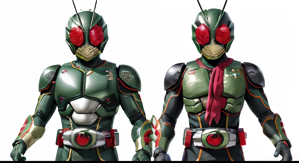 Kamen Rider、Rider Kick、two people、action、masterpiece, top-quality, illustratio, Green bodysuit, red scarf, masks, helmets, tokusatsu, a belt, Dark green combat suit, Grasshopper mask, 独奏, full bodyesbian,