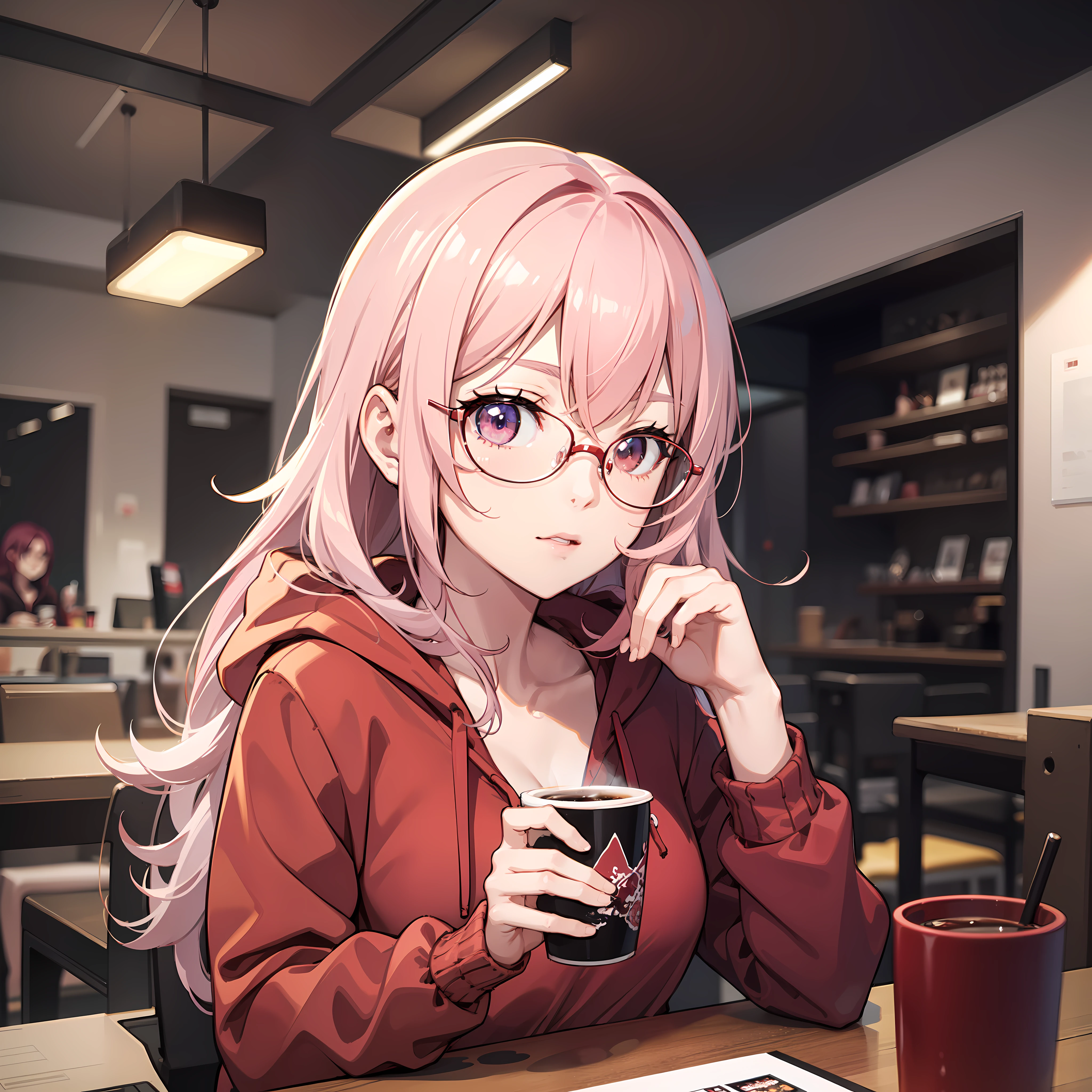 Anime characters in red hoodies sitting at a table with a cup of coffee 8k anime style realistic 3d anime style, 3d anime style anime realistic art style, in hoodies, wearing red hoodies, in anime style, light pink haired girl wearing hoodies, in anime style, anime realism style, being a steamer girl , cute , wearing pink glasses , red eyes , 1girl , long hair , panlang breasts