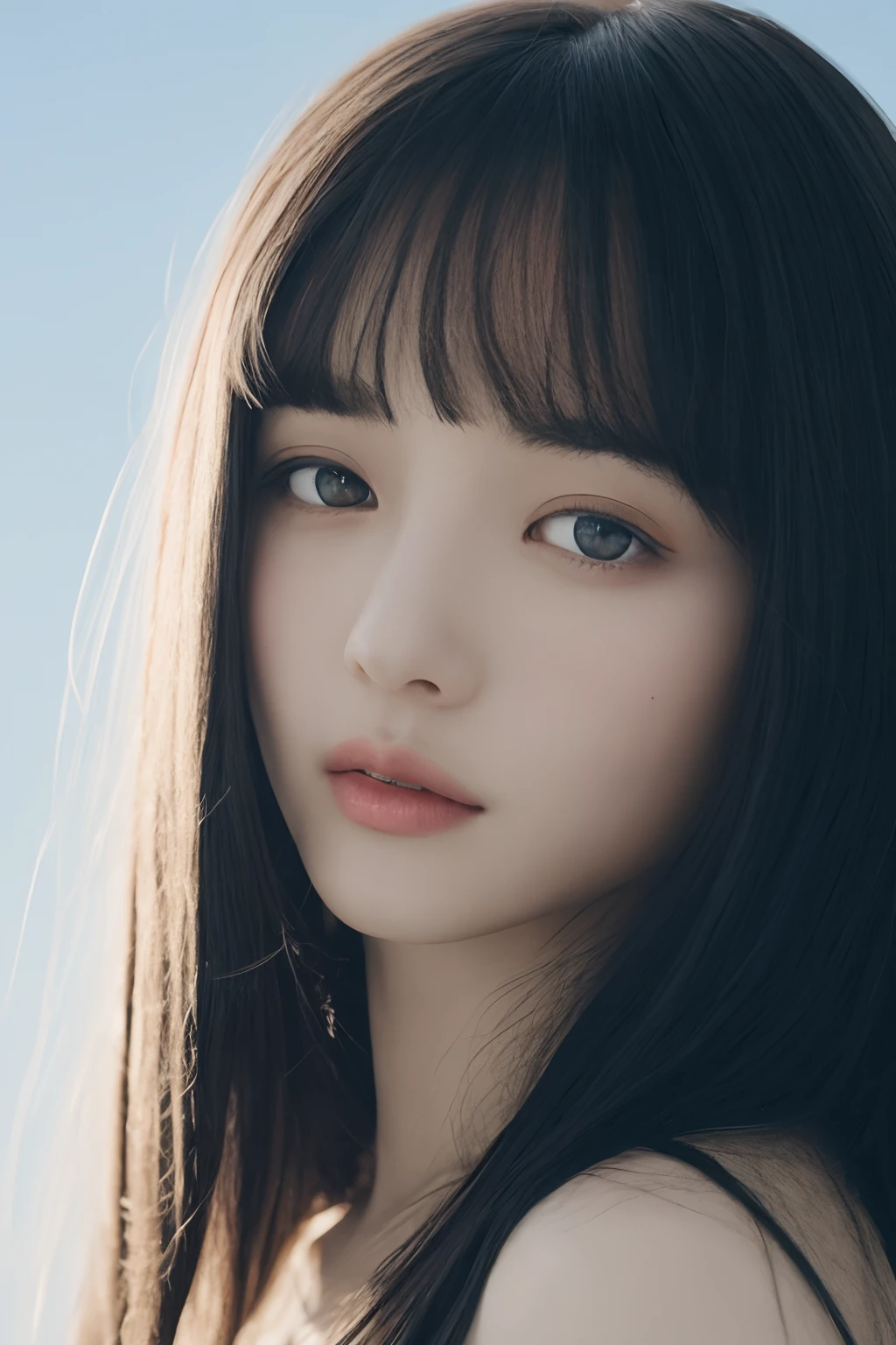 (detailed and realistic portrait of a girl with a clean face), (round eyes and long flutters hair shot outside),staring at camera,magical photography, dramatic lighting, photo realism, ultra-detailed,
intimate portrait composition, (centered image composition),(close up shot:1.6),best quality,f/1. 8, 85mm,
(28years asian woman), black_hair,(black_eyes:1.2),(bangs),makeup,white_dress,
(hazy blue_sky_background)