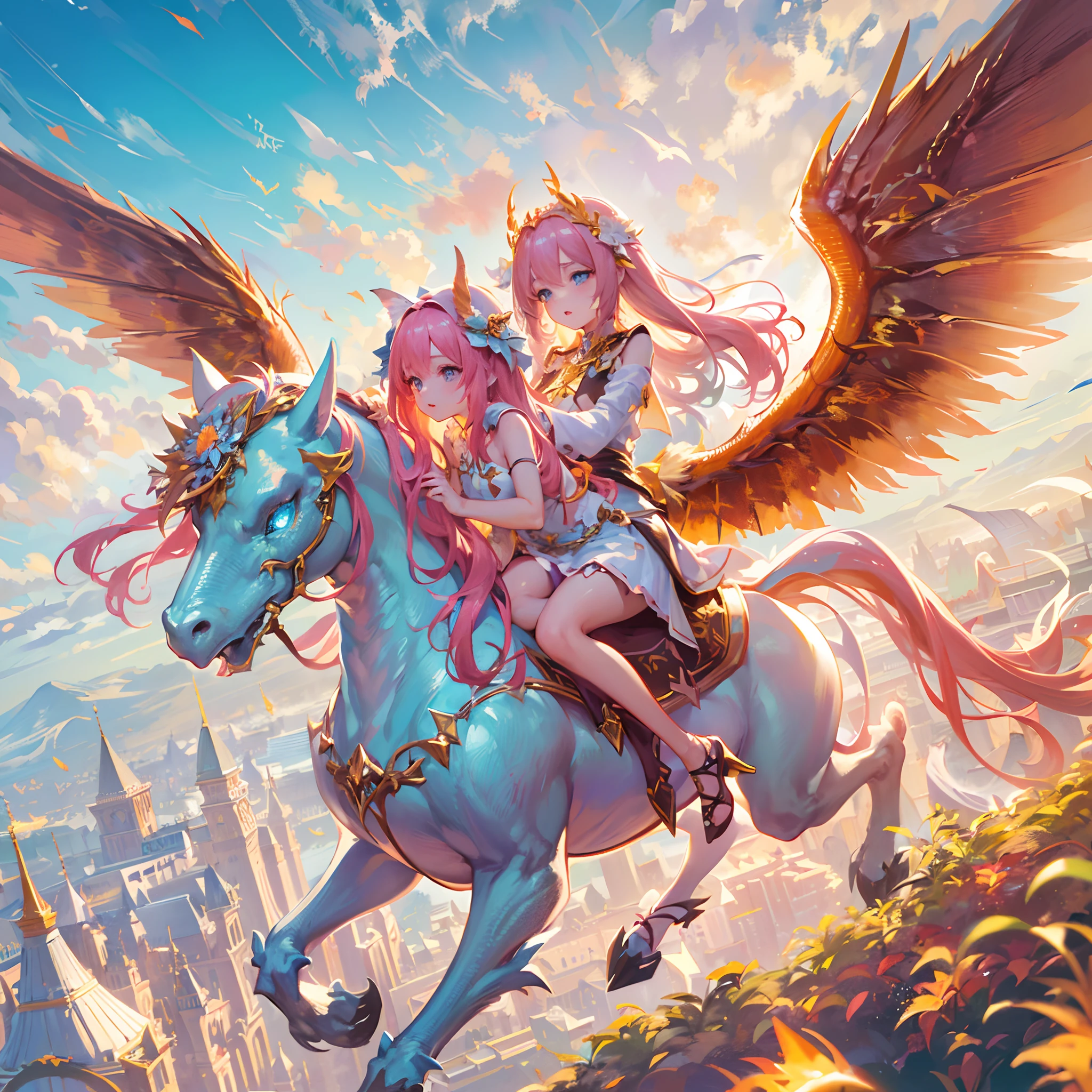 Japanimation, eroge, Incredibly hyper-detailed and intricately realistic, Perfect, Cover art, zoomout, hyper detailed painting, luminism, with an intricate, 4k resolution concept art portrait, extremely high level illustration, 16k, extremely high level illustration, absurd resolution, absurd detailed, soft and warm lighting, (((masterpiece))), best quality, extremely detailed, fantasy lighting, beautiful detailed glow, perspective, depth of field, proportion, blurry background, bokeh, sharp focus, depth and dimension, Fantasy scene, Fantasy composition, Fantasy lighting, an extremely beautiful detailed Sky Garden, Beautiful, beautiful detail girls, (yuri:1.2), (lesbian:1.2), (2 girls:1.2), (kiss: 1.2), (hug: 1.2), full body character, Beautiful, Female, Long Pink Hair, Azure  eyes, Detailed face, White skin, The girl is putting her weight on one leg, Pegasus, Dragon, gryphon, lily, sky, magic, floating construction, riding