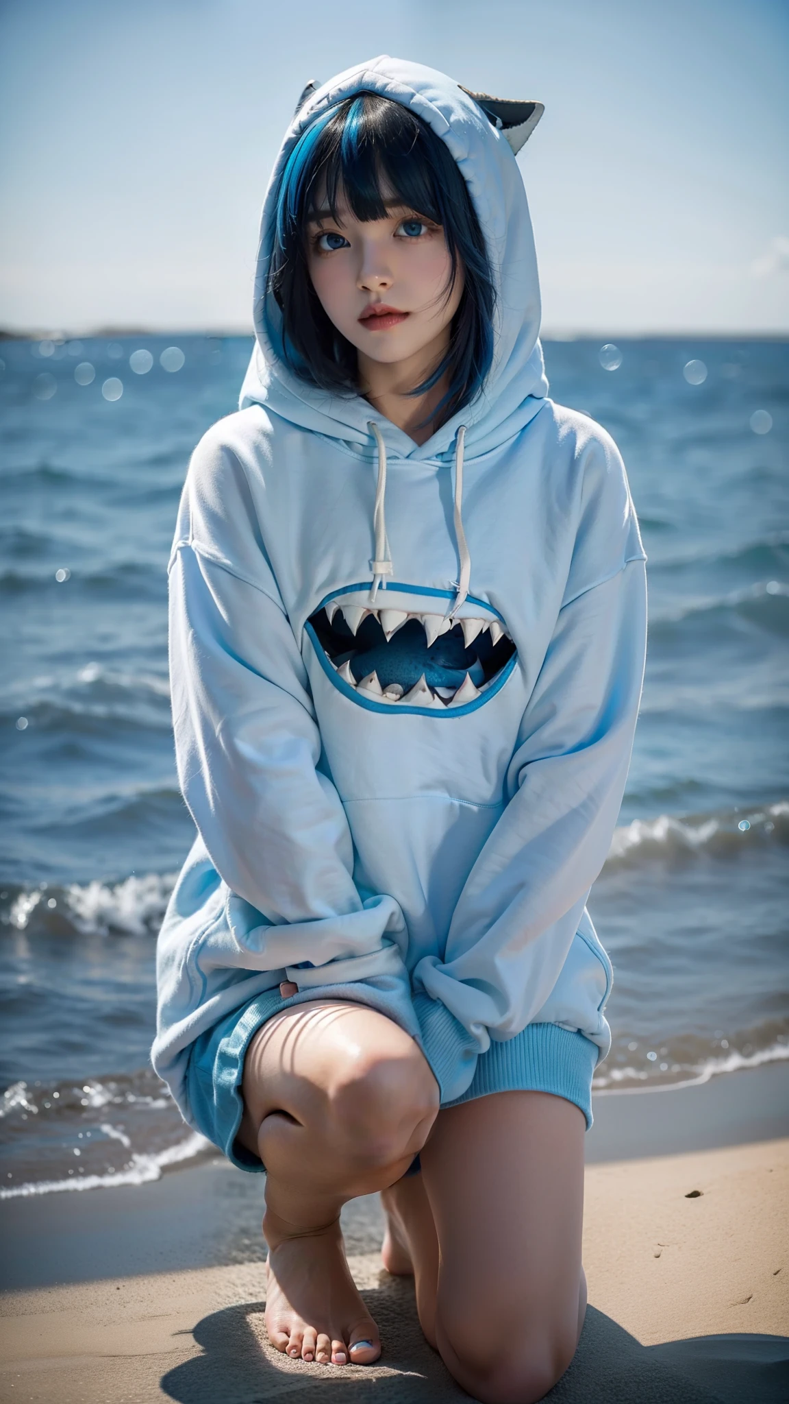 best quality, intricate details, 1 malay girl in hijab, blue eyes, sharp eyes, blue highlights, sharp teeth, blue hoodie, shark teeth design, bare legs, gawr gura, shark girl, shark tail, shark print, blue hoodie, sharp teeth, animal hood, shark hijab ornament,