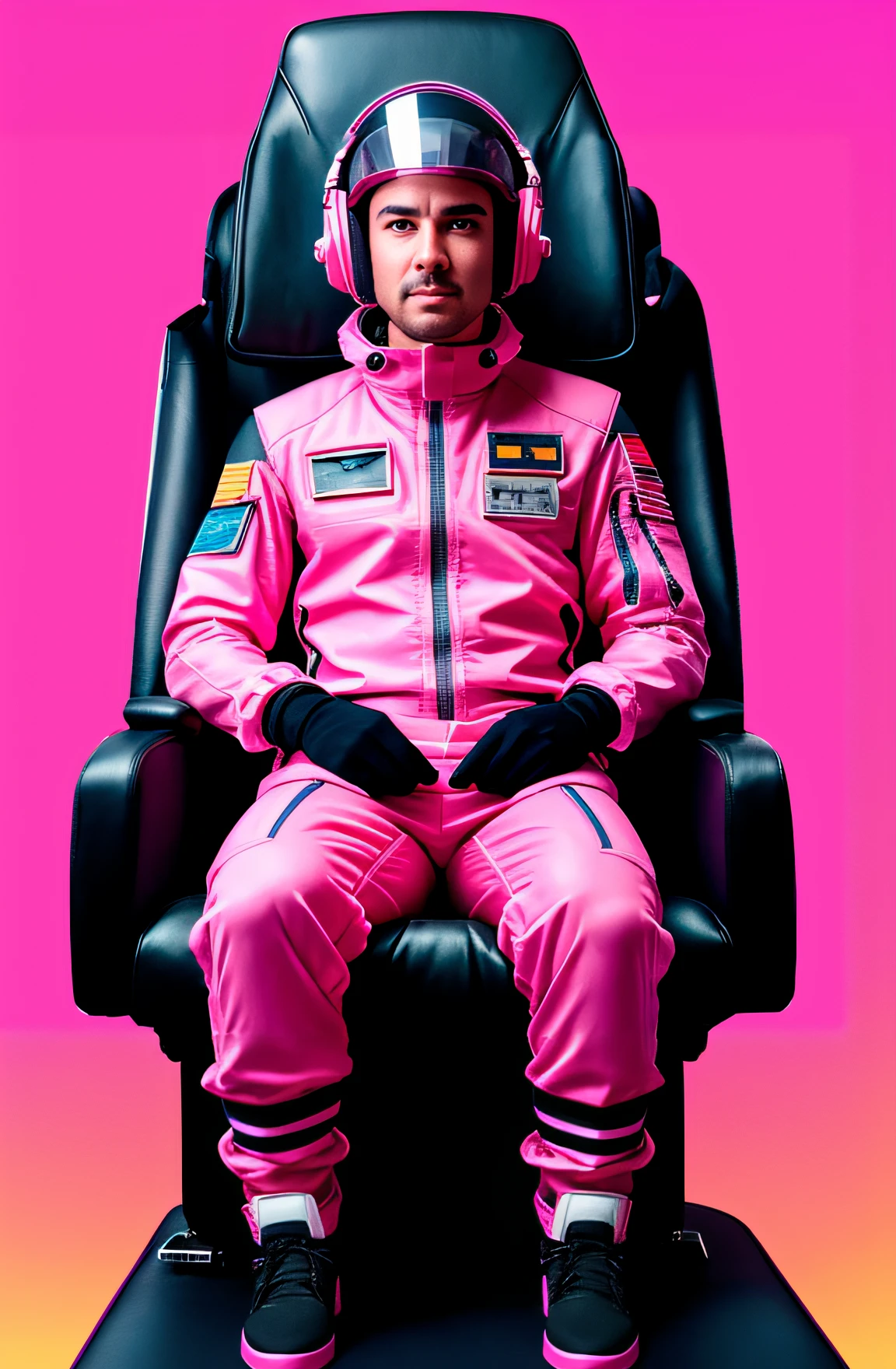retrato de um homem, piloto de nave espacial, looking at us, wearing pink overalls, com capacete, estilo cyberpunk, Seat in a large luxury office chair, Work with your MacBook Pro in hand, fundo vazio, 16k, detalhes intrincados, cinemactic
