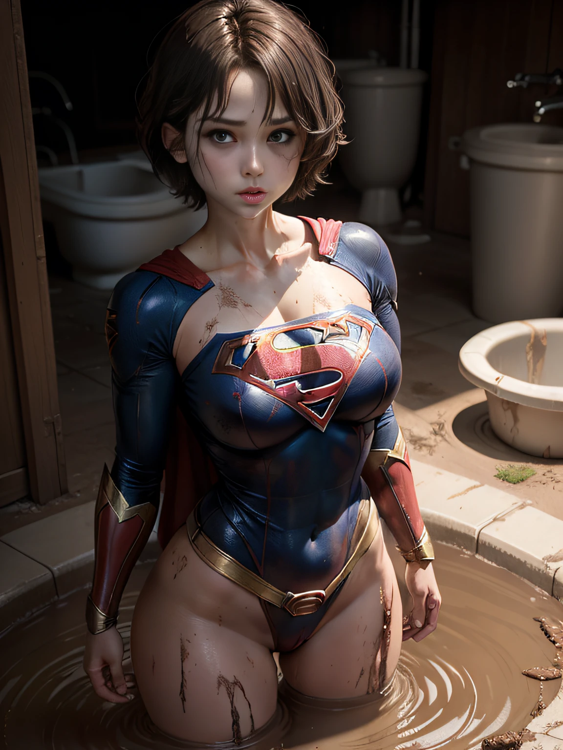 masterpiece、Short-haired Supergirl fell into the sewage、large full breasts、Looking at the camera、Glossy costume、Crotch、Mud stains、Covered in mud、wounded