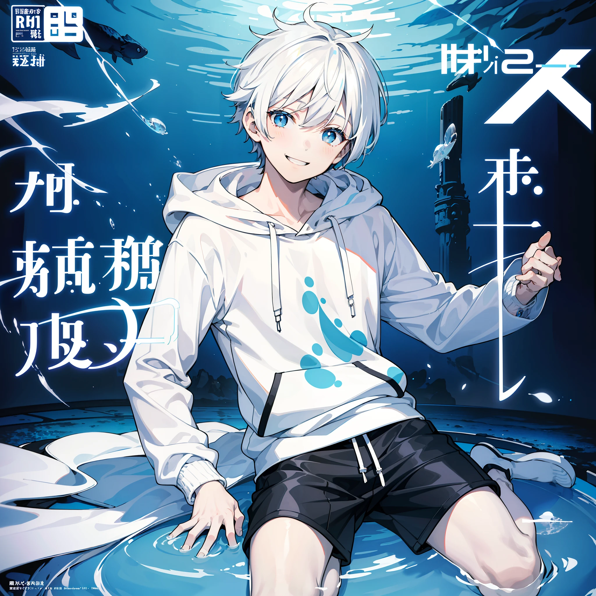 masterpiece, best quality, full body, (1boy), (white hoodie), (cute smile), (Boy Messy Japanese Round Haircut for Thick Hair), (white hair), (blue eyes), black shorts, ((solo)), (magazine:1.3), (cover-style:1.3), fashionable, (inside tunnel aquarium), bright colors, (blue theme)