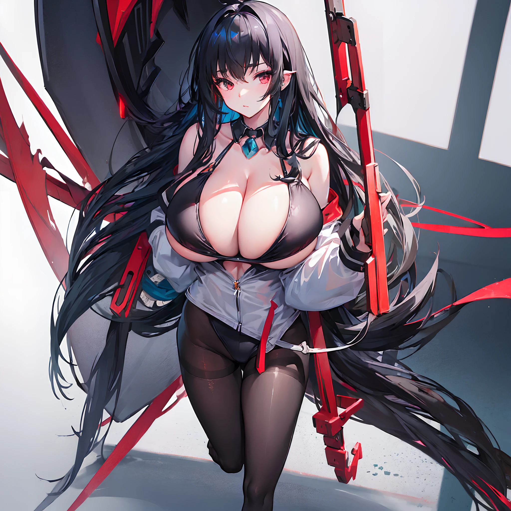 (gigantic cleavage breasts:1.5),lacepantyhose,,black color hair,red color eyes,slingshot swimsuit,The barefoot