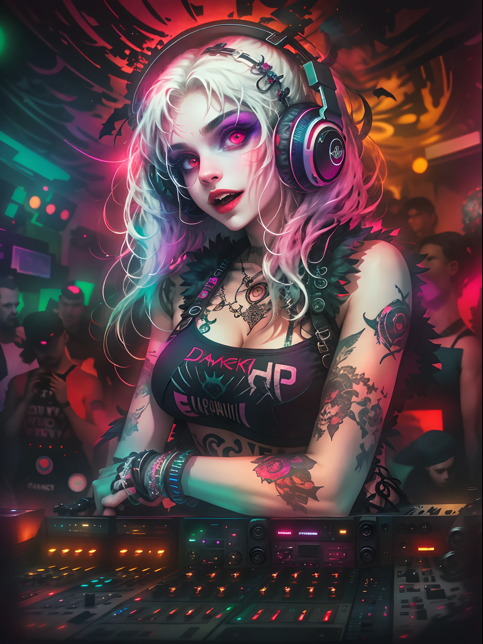 Upper body, Female DJ, Vampires,Wear a bikini,Tattooed with,Pink hair, Quirky, Vibrant appearance, Playful accessories, Bright colors,Creative behavior, Rambled, Sensual, Spontaneous, DJ headphones, Mixing Console, Music Clubs, night club, Independent cinema, People dancing on dance floor background, Underground danceclub, Highest quality, Skin texture, Intricate details, (Cinematic lighting), RAW photo, 8K,Psychedelic surrealist art,Surrealist psychedelic design,dream art style,Illusion psychedelic art, Colorful dark vectors,