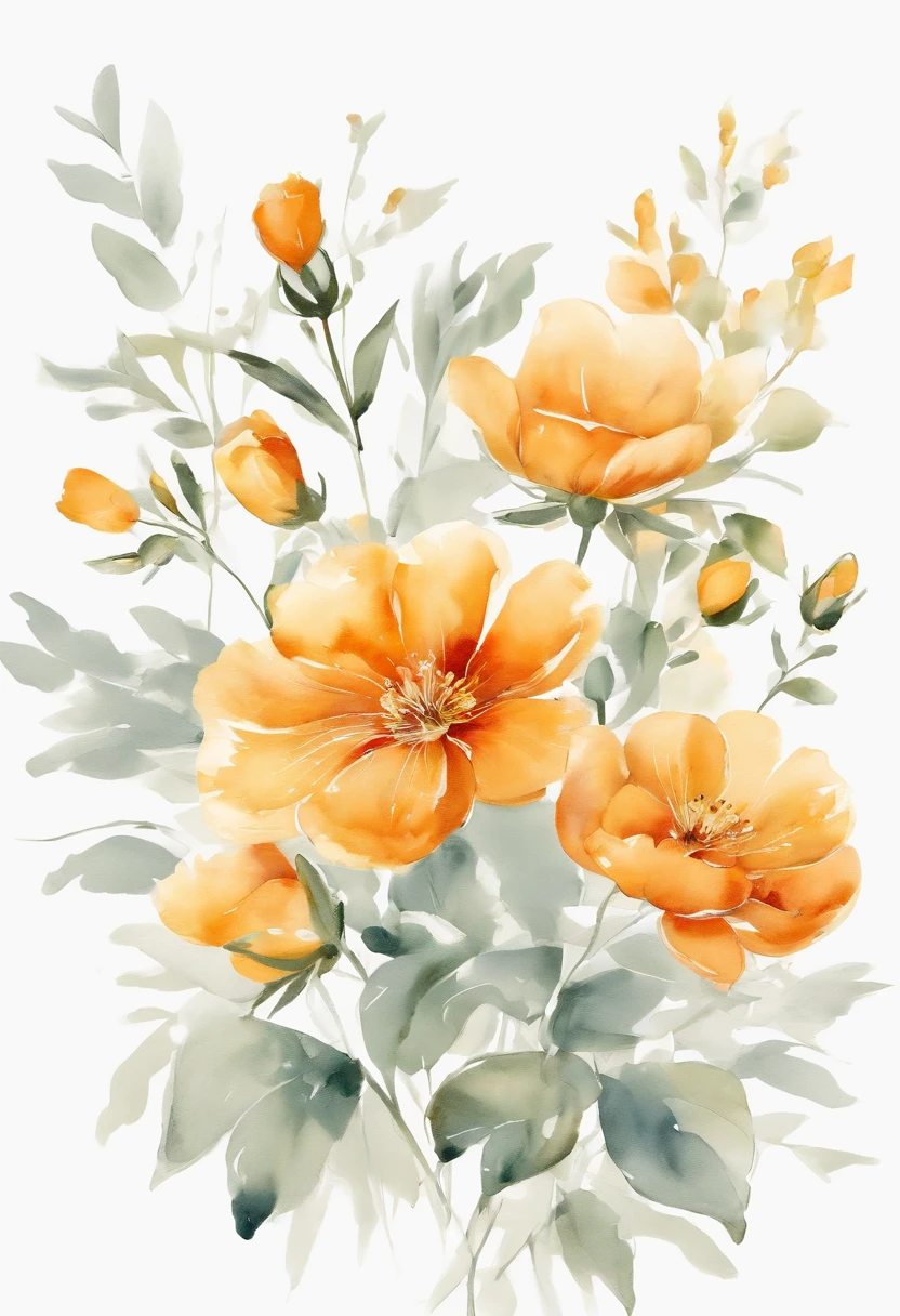 Line drawing， Small flowers，orange and yellow colors， Beautiful, 1:1, the watercolor style, Wet process and wet process, mute, Indigo, Fabric design, Flat illustration, highly detailed cleaning, Vector image, Masterpiece, professional, isometry, There is a distance，Bright vector, White background, Dry brush, Brush strokes, Painted on canvas, by J.m.Show on the. Turner. Expressive markers.