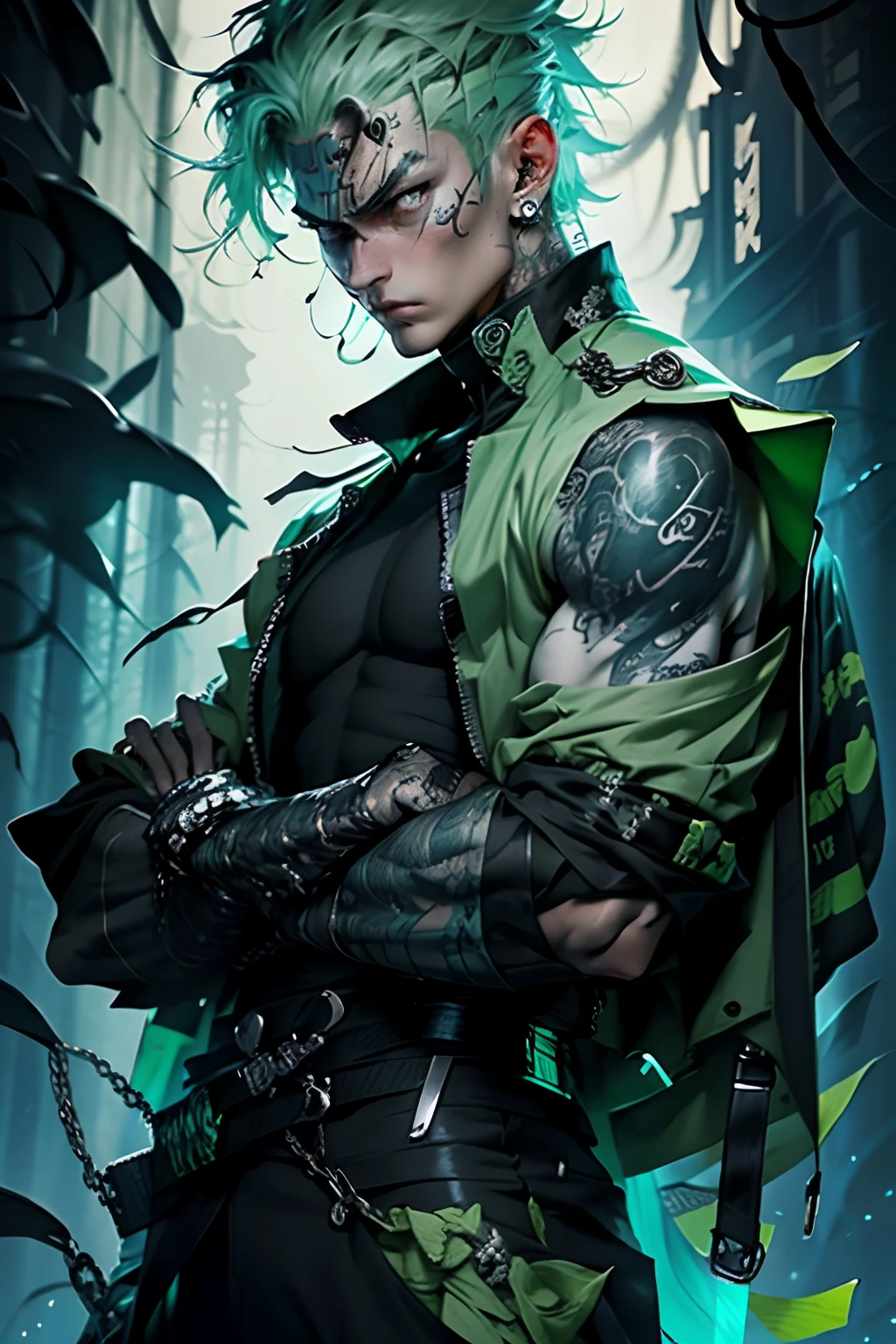 kpop boy wearing sage green futuristic jacket, handsome, charming, zoro vibe with katana, slim body, big sword katana black turtle neck attire, big jacket, serious face, chains, tattoos, cool pose, whole body shot, big eyes, glowing forest background
