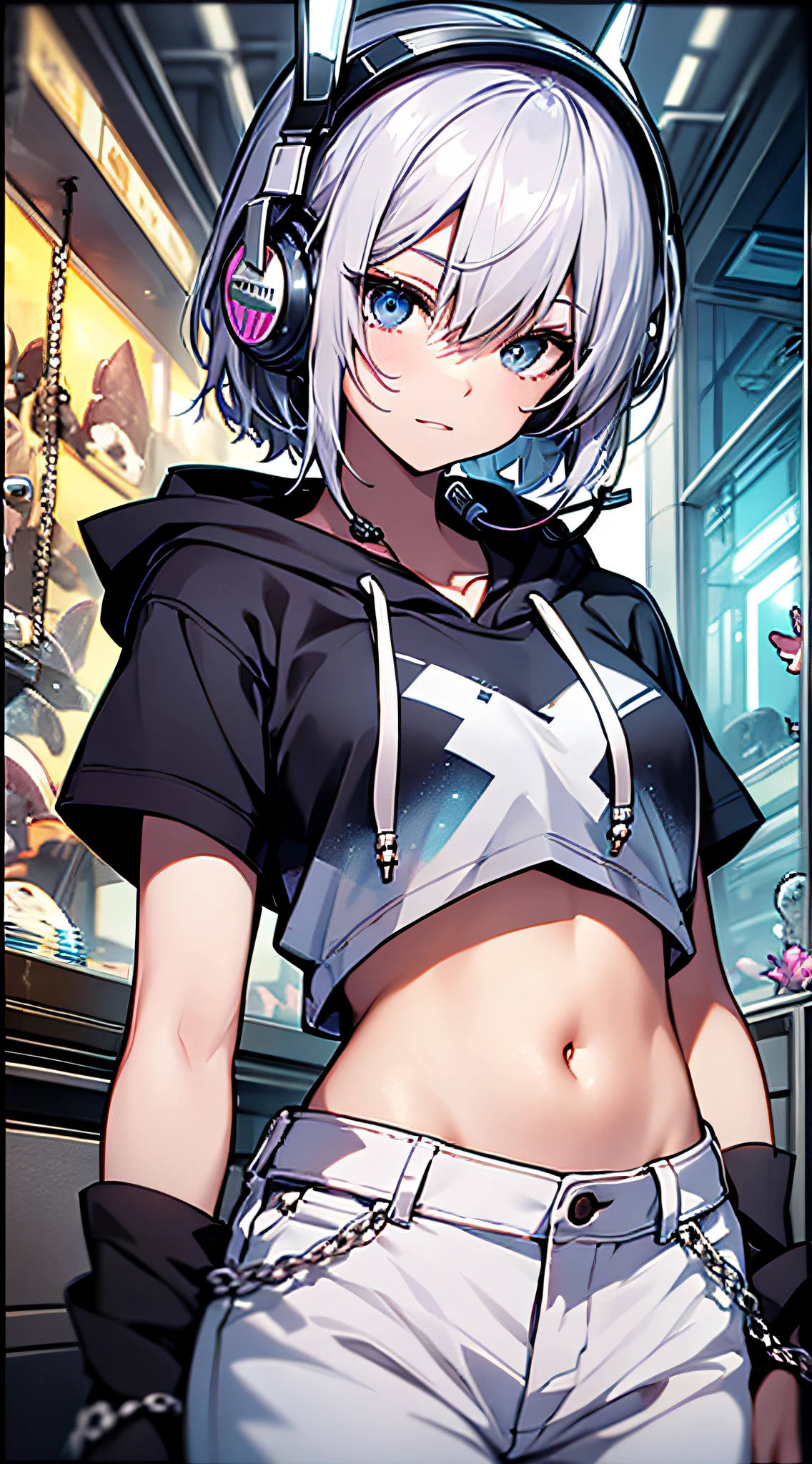 top-quality、Top image quality、​masterpiece、girl with((18year old、Black navel reveal short sleeve hoodie、White pants、Best Bust、Bust 85、silber hair、Disturbed shortcuts、Blue eyes、open chest wide、Happiness、Chain Accessories、Put on headphones、dash)）hiquality、visualart、Background with((aquariums))、masutepiece