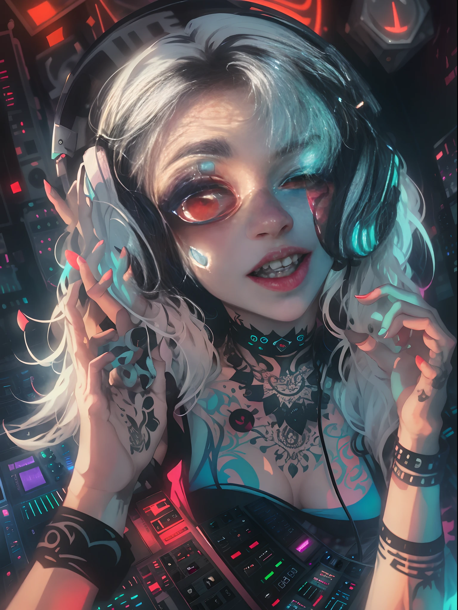 Upper body, Female vampire DJ, Look at the crowd,Vampires,Wear a bikini,Tattooed with,Red eyes,White hair, Quirky, Vibrant appearance, Playful accessories, Bright colors,Creative behavior, Rambled, Sensual, Spontaneous, DJ headphones, ((Mixing Console)), glitchpunk girl, raver girl,Music Clubs, night club, Independent cinema, People dancing on dance floor background, Underground danceclub, Underground danceclub,night club, Highest quality, Skin texture, Intricate details, (Cinematic lighting), RAW photo, 8K,Psychedelic surrealist art,Surrealist psychedelic design,dream art style,Illusion psychedelic art, Colorful dark vectors,