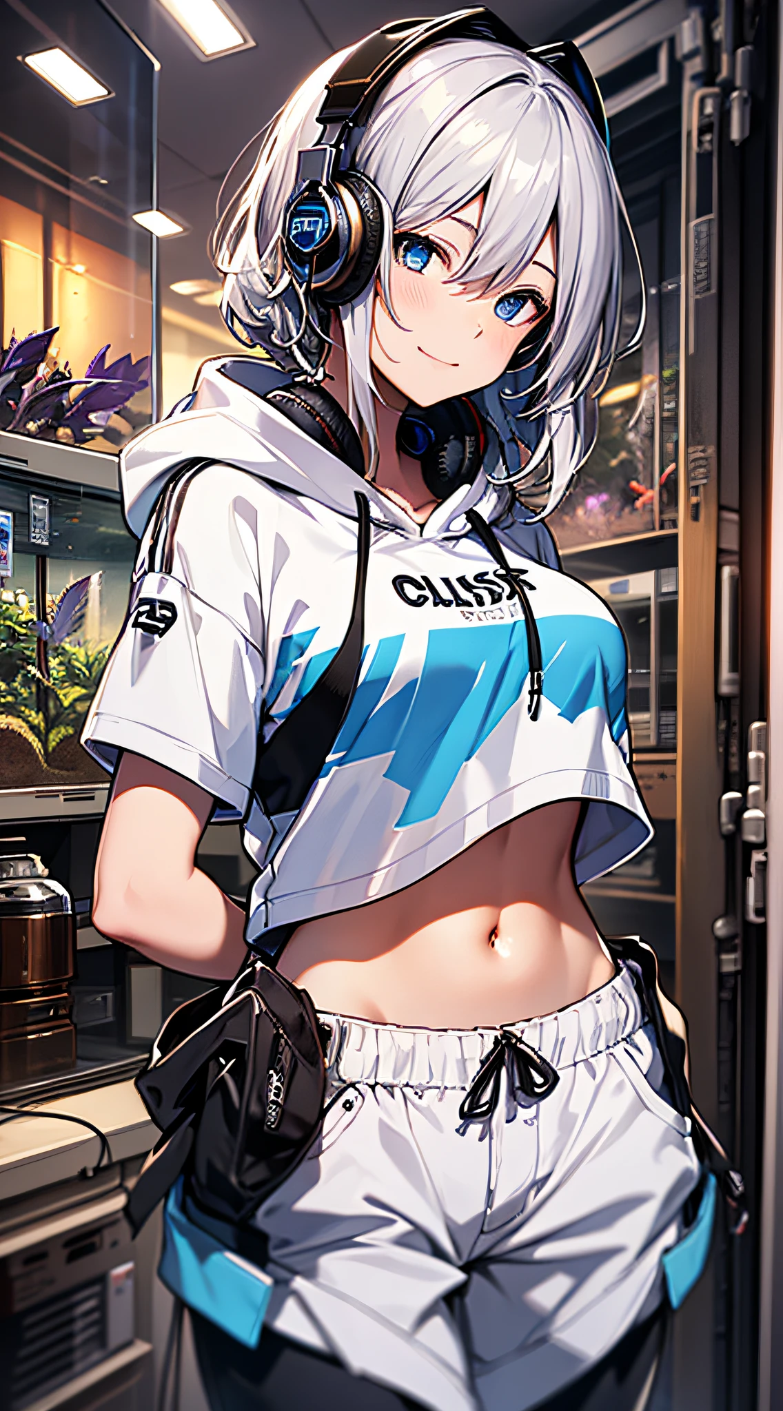 top-quality、Top image quality、​masterpiece、girl with((18year old、Black navel reveal short sleeve hoodie、White pants、Best Bust、Bust 85、silber hair、Disturbed shortcuts、Blue eyes、open chest wide、Happiness、Chain Accessories、Put on headphones、dash)）hiquality、visualart、Background with((aquariums))、masutepiece