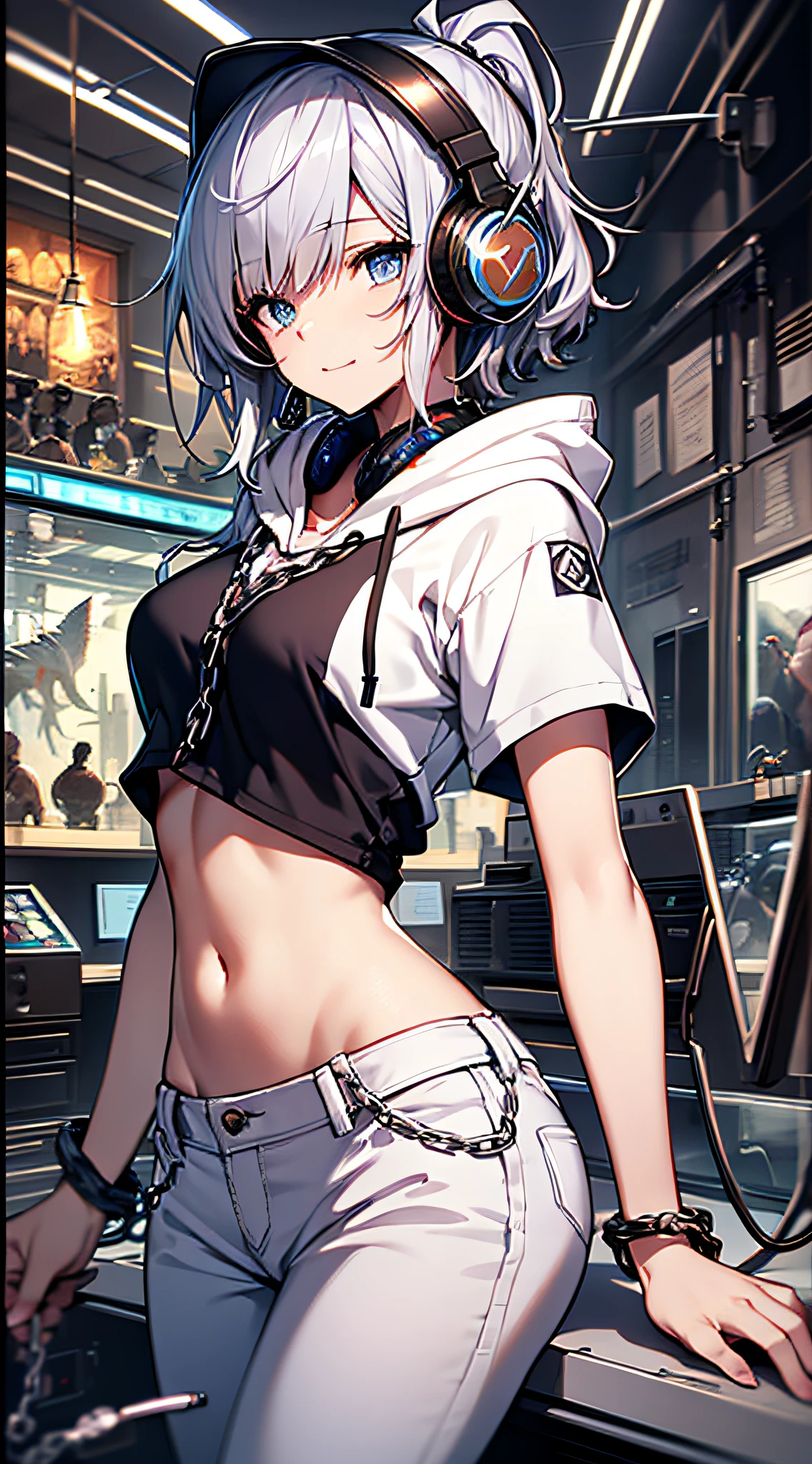 (tomboy woman DJing on turntables on stage at EDM festival:1.3), EDM event lighting effects, on stage in front of crowd, giant futuristic screens in background, neon room, (white cropped jacket:1.1), (vivid glowing blue eyes:1.2), (white hair:1.2), (cyan streaks in hair:1.2), high ponytail, (cocky smirk:1.2), (abs:1.2), rave lights, (lasers in background:1.2), glowing light strips on clothes, slim build, looking at viewer, giant speakers in background, beautiful glossy reflective detailed eyes, (high leg panties:1.2), (white cargo pants:1.3), (thin straps over hip bones:1.3), (hip straps:1.3), (side shave:1.3), (undercut:1.2), defined hip bones, cleavage, lean --auto
