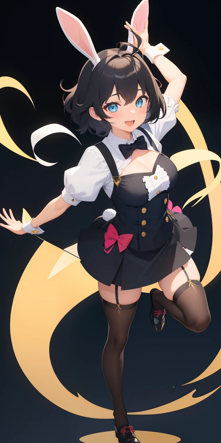 Full body,(( Upright)), ((Arms at sides)), Looking at Viewer, Simple background, 1girl in, Open mouth, Smile, Virtual Youtuber、girl with、、((Best Quality, high_resolution, Distinct_image)),(Black hair), (Black cat ears), (Ahoge), (absurdly short hair), (Wavy Hair), (Blue eyes),、A smile、large full breasts,(wearing shoes on feet),((is wearing Bunny Girl Costume)),