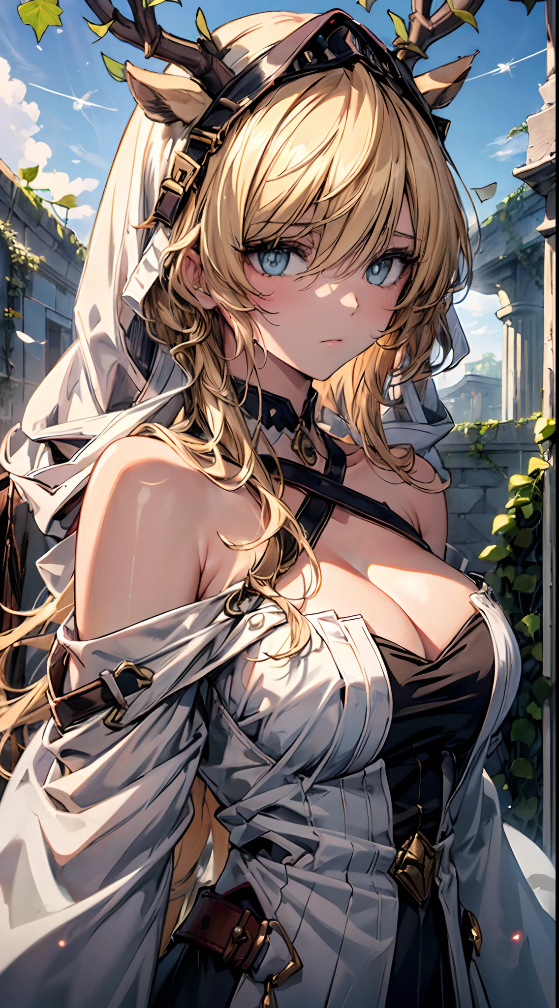 (((Masterpiece))),(incredibly_absurderes),(Best quality),(A high resolution),(Highly detailed),((CG unity 8k wallpaper)),(cool colours),(aquarelle),(an extremely delicate and beautiful lady),(20s),((domineering lady)),(Delicate face),((Beautiful detailed eyes)),(Long_eyeslashes),gold light_Hair,(small_breast enhancement),(Disheveled hair),Long hair,hair between eye,(head gear),(Off_Shoulder),(Long sleeves),(sleeves past wrists),(golden decorations),elegant,((Melancholy)),(view the viewer),Upper body,focus onface,((Close up)),((delicate beautiful sky with cirrocumulus)),(Dark sky),(stars),(Cloudy),(cirrocumulus),((Stone ruins)),((vines)),((ivy)),(Blue roses),(dense fog),(Detailed background),(Dynamic Angle),((Ray)),(Ray tracing),toplight,(Cinematic light),(light bounce),(refined rendering),((Tyndall effect)),(Depth of field),aaaaaaaaaax