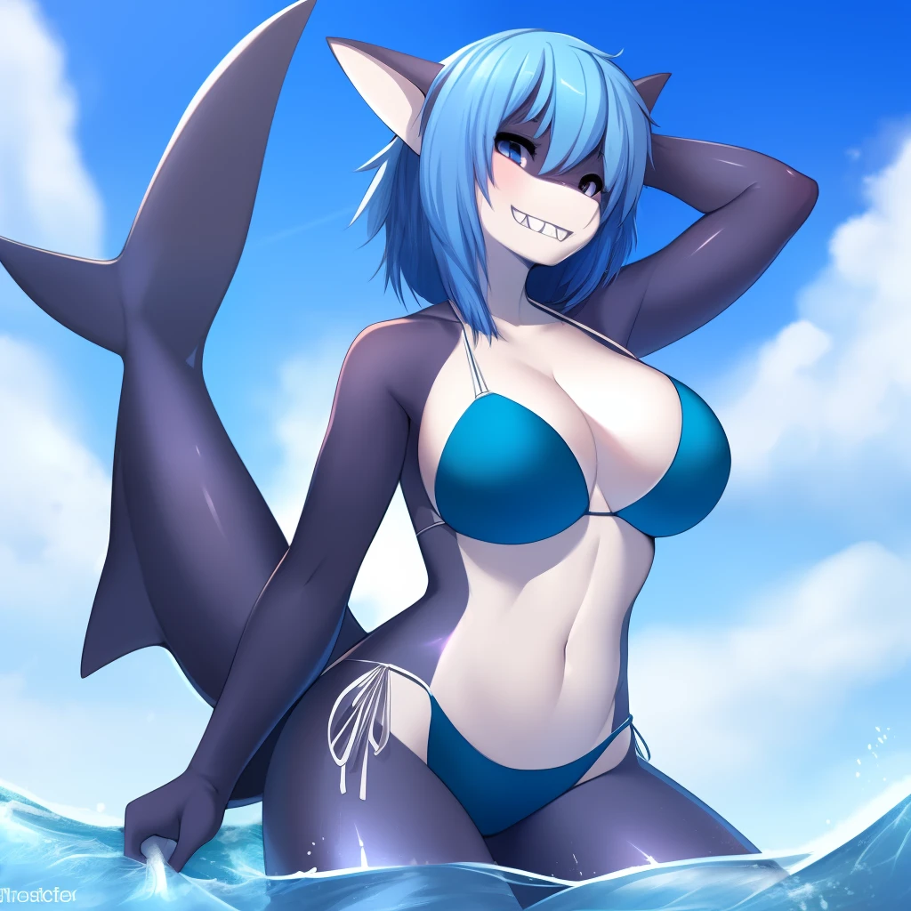 Masterpiece, Best_Quality, Ultra-detailed, 8K_wallpapers, Beautiful_pa_tender, anthro, Anthromorph, anthropomorphic shark, shark_Anthromorph, the anime_Girl, Glossy_Skin, Huge_pectorals, shark_tail, Sharp_teeth, bathing suit, bikinis, water_subject, Blue hair, purple skin, One Tail