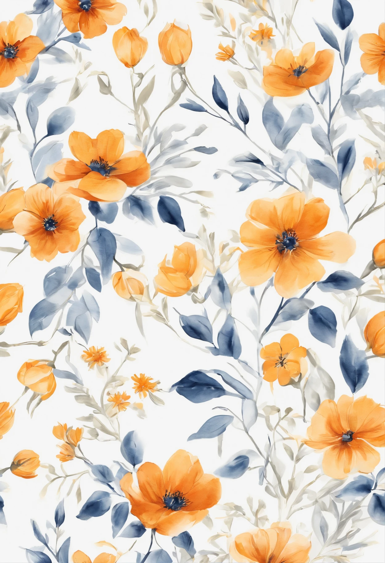 Line drawing, Small flowers,orange and yellow colors, Beautiful, 1:1, the watercolor style, Wet process and wet process, mute, Indigo, Fabric design, Flat illustration, highly detailed cleaning, Vector image, Masterpiece, professional, isometry, There is a distance,Bright vector, White background, Dry brush, Brush strokes, Painted on canvas, by J.m.Show on the. Turner. Expressive markers.