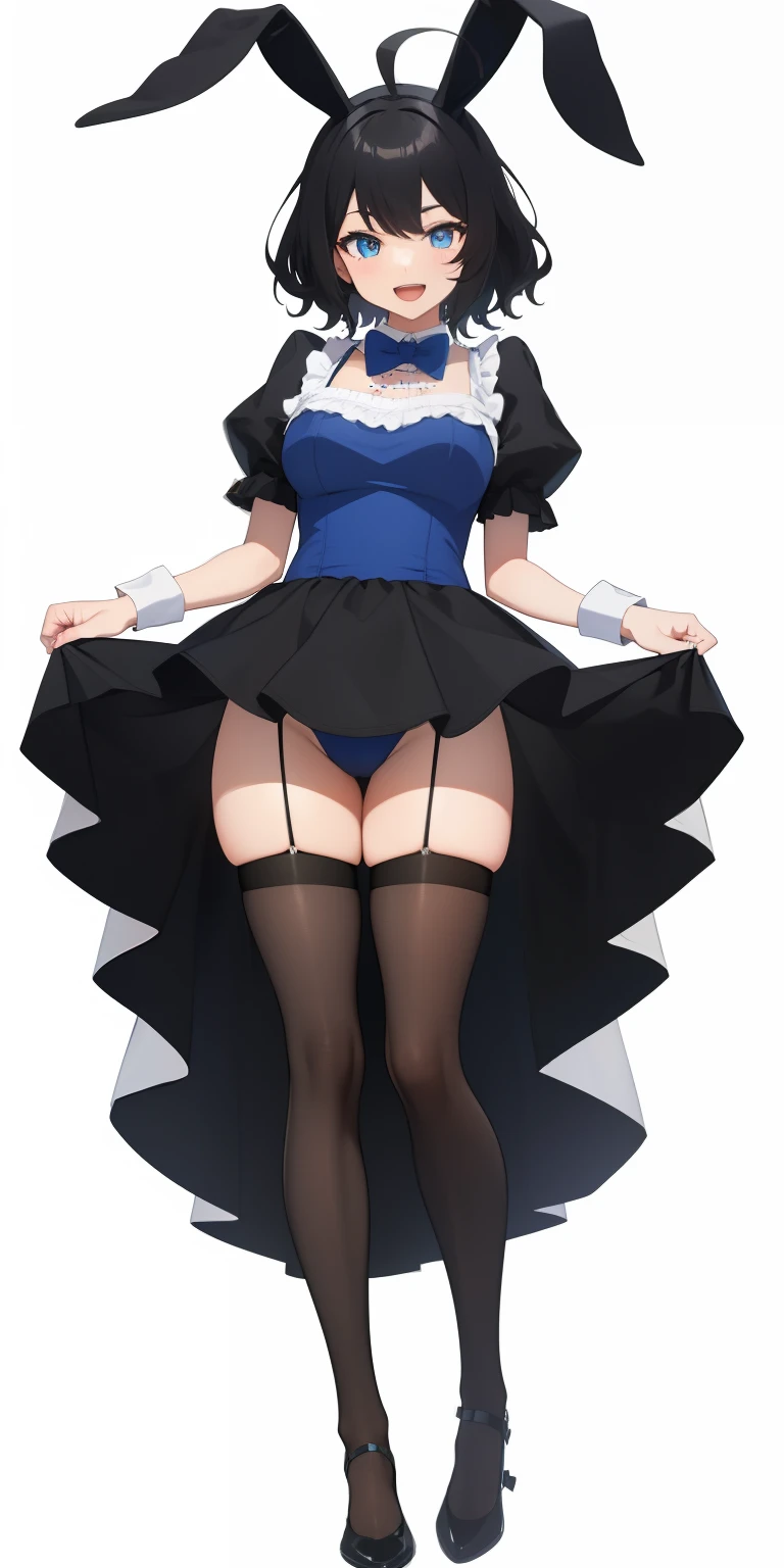 Full body,(( Upright)), ((Arms at sides)), Looking at Viewer, Simple background, 1girl in, Open mouth, Smile, Virtual Youtuber、girl with、、((Best Quality, high_resolution, Distinct_image)),(Black hair), (Black cat ears), (Ahoge), (absurdly short hair), (Wavy Hair), (Blue eyes),、A smile、large full breasts,(wearing shoes on feet),((is wearing Bunny Girl Costume)),