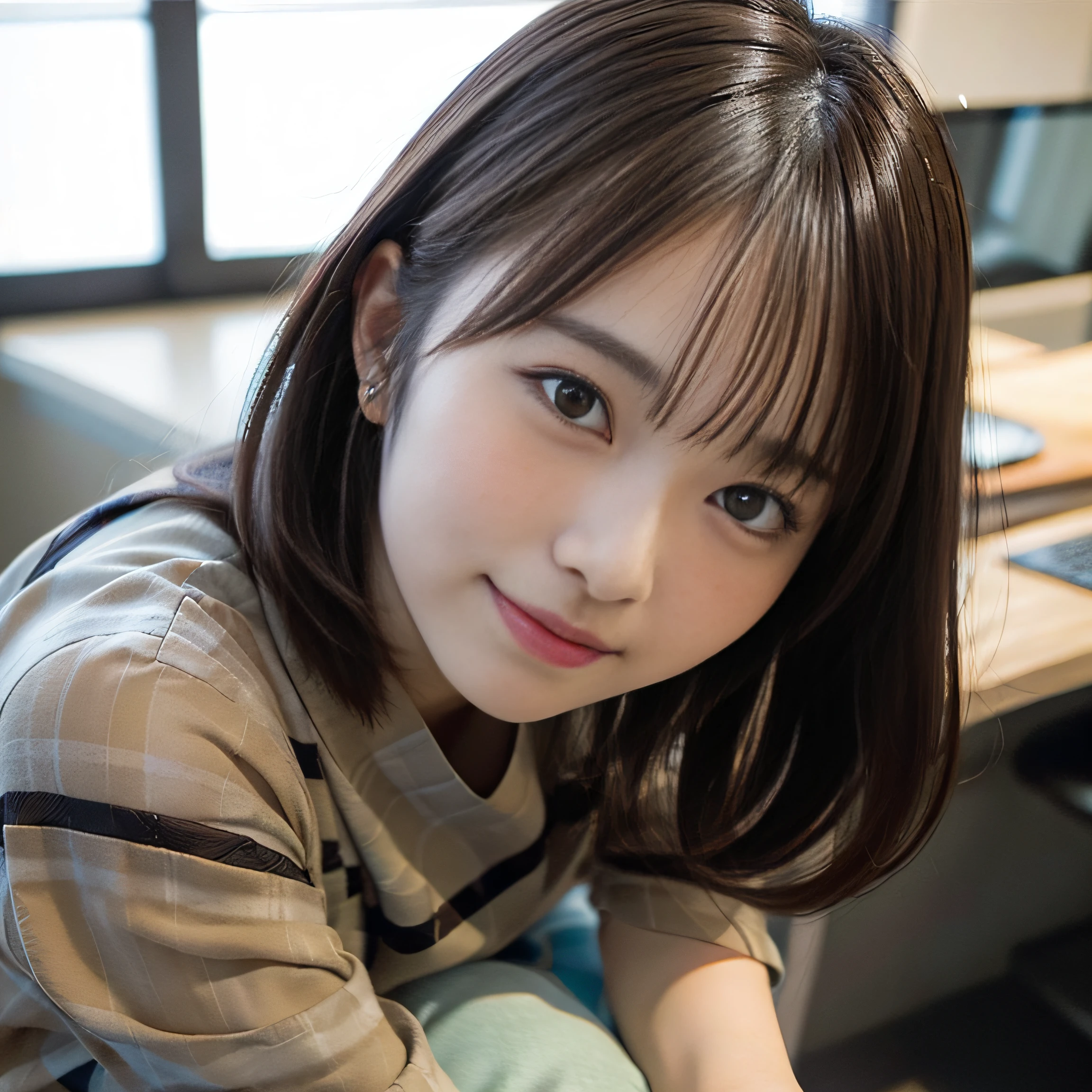 in 8K,Best Quality:1.4, 超A high resolution:1.5, (Photorealistic:1.4),​masterpiece:1.2,(top-quality:1.4)、 Raw photo、 (From the knee up:1.6), (the background is blurred), Internet cafe,FULL BODYSHOT:1.4、 1日本人の女の子, Cute, (Solo), (Shy smile), Smooth skin、ＴThe shirt、Cute checked mini skirt、 (Brown medium hair,Bangs), (touch hair:1.4)、nogizaka、35 year old:1.5、Beautiful black eyes、natural skin textures:1.3, realistic eyes and face details:1.7、middlebreasts、Gravure Pose：1.1、gazing at viewer
