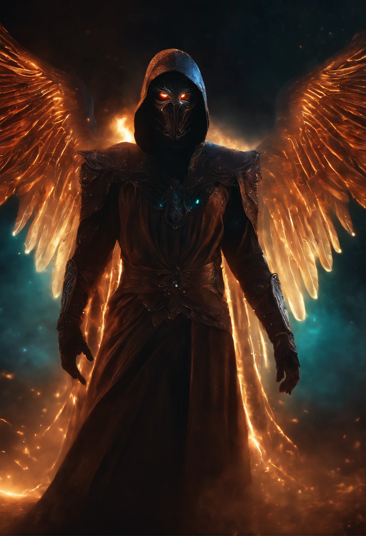 Cosmic Fallen Angel, glowing light eyes, Biomechanical, eerie, Creepy, nightmarish, Very bright colors, Light particles, with light glowing, Mshiff, wallpaper art, UHD wallpaper, anakil skywalker, 15 years, medieval clothes
