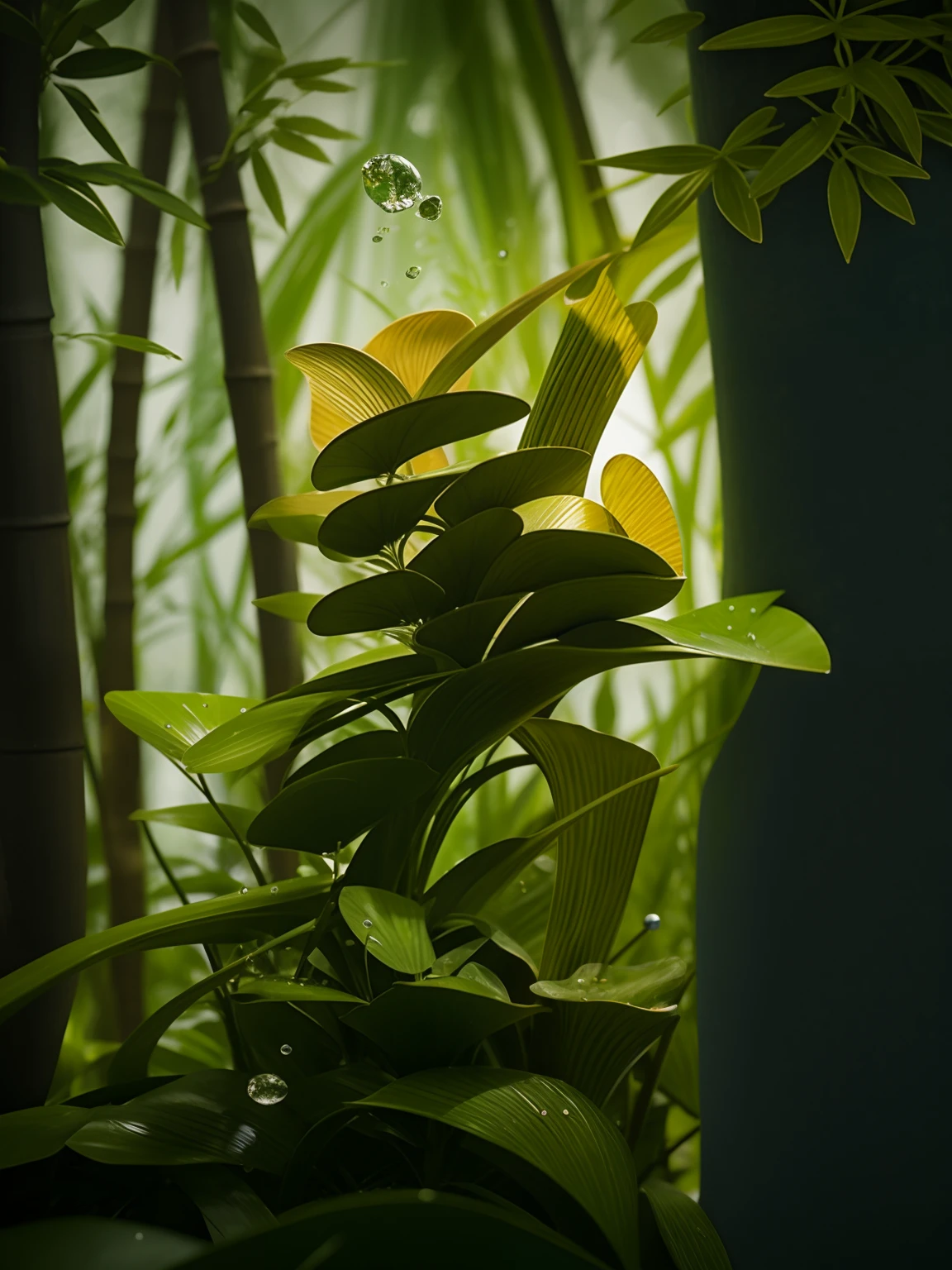 Bamboo leaves, Bamboo, Small rivers, teacup, Chess pieces, stone, Water droplets, Water droplets, detail, richness, Light, Chinese style，Masterpiece，Best quality, 8K, insanely details, Intricate details, ultra - detailed, hyper qualit, High detail, Ultra detailed,