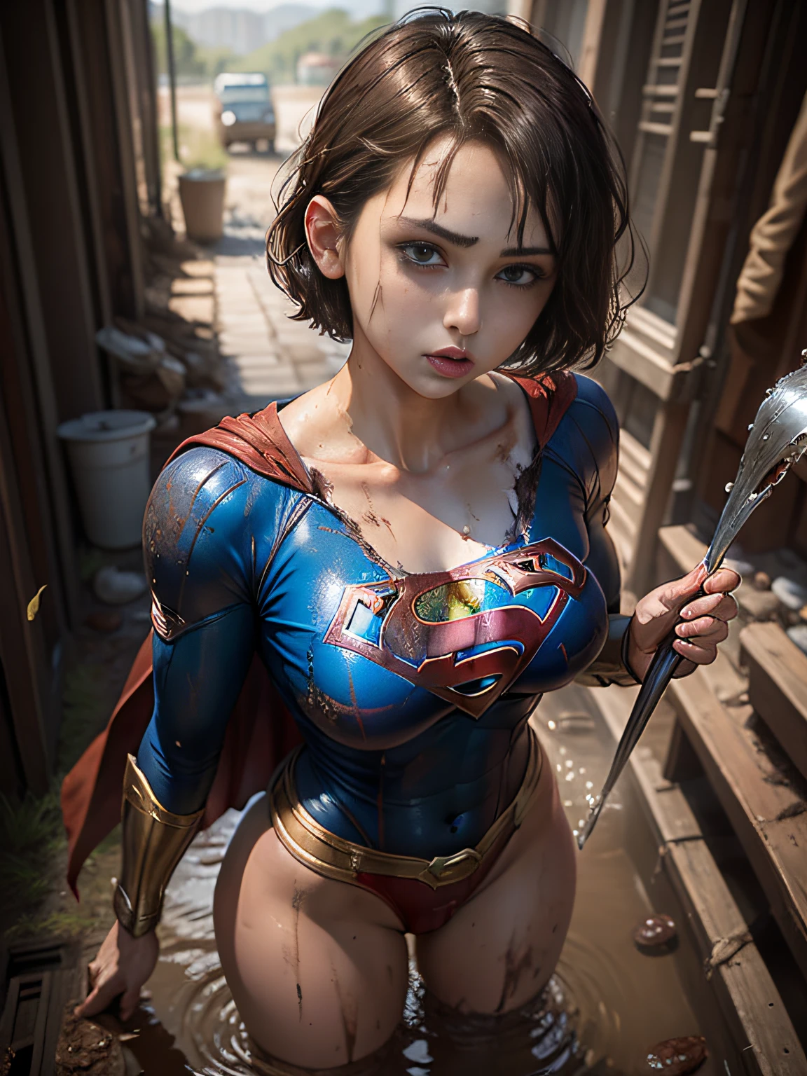 ​masterpiece、Short-haired Supergirl fell into the sewage、large full breasts、Looking at the camera、Glossy costume、Crotch、Mud stains、Covered in mud、wounded