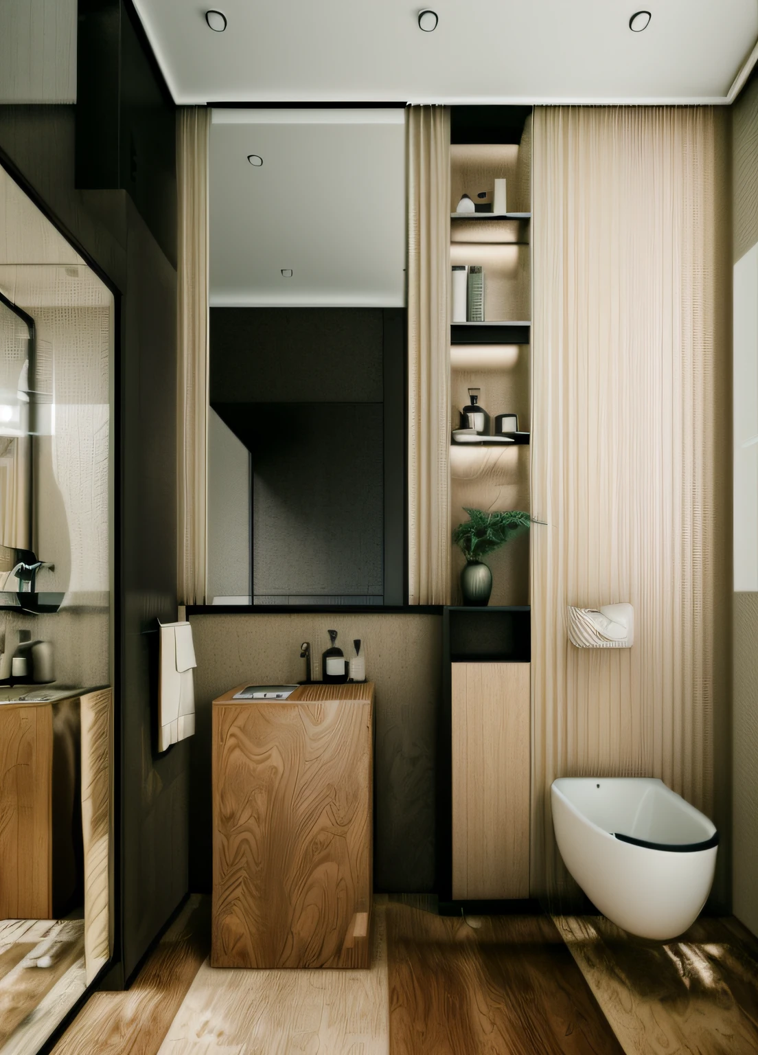 RAW photo, Masterpiece, high quality, best quality, authentic, super detailed, glossy indochina black furniture), minimalist architecture, minimalist bedroom, couch, table, carpet, shelf tv, 1 solid wood door:1.4,((laminated plaster,))), day light)), natural light fromt glass door, archdaily architecture, (high detail: 1.2), 8k uhd, dslr, soft light, high quality, film grain, Fujifilm XT3