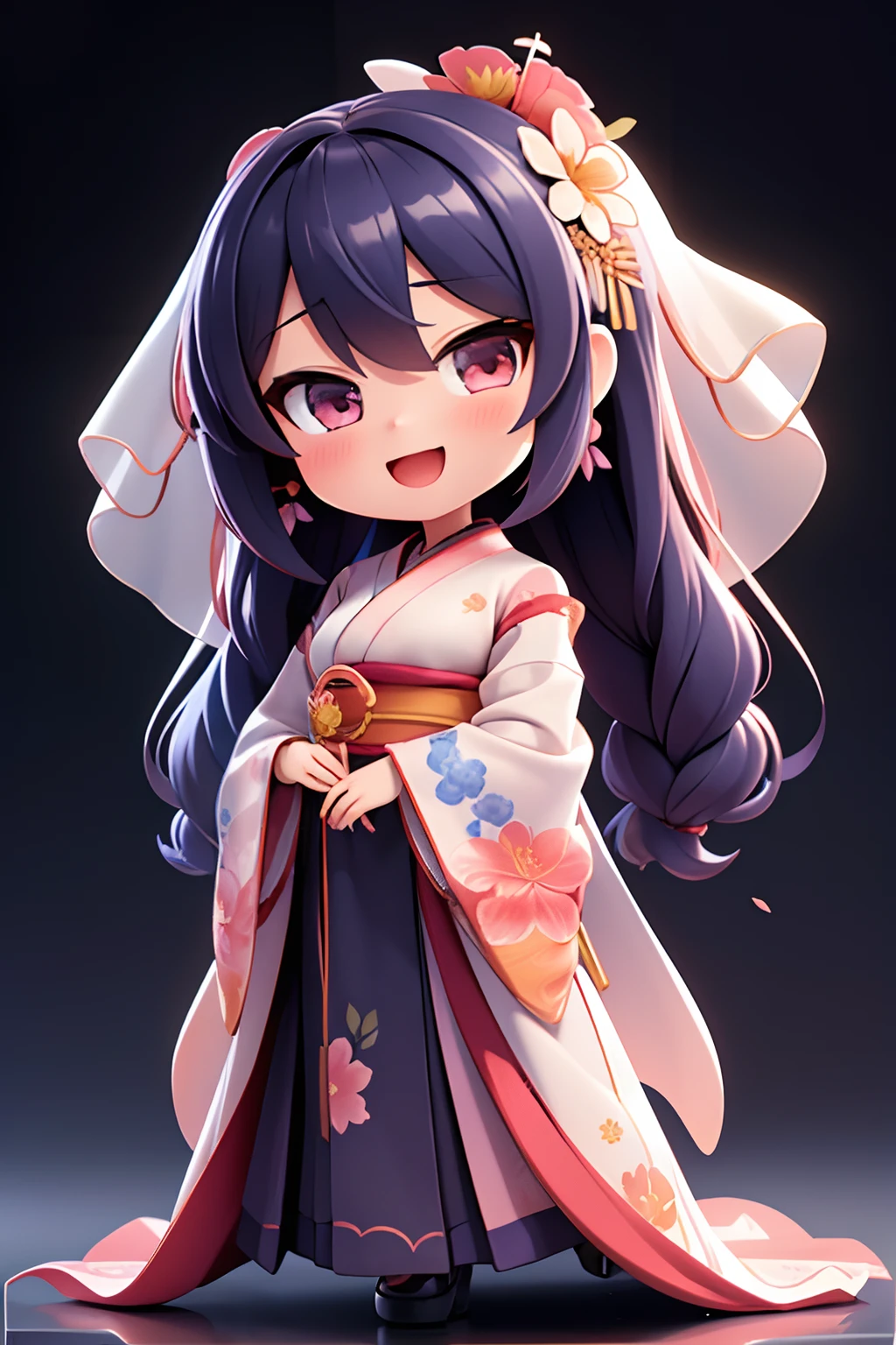 photoRealstic、Nedroid in wedding dress arranged in kimono standing in front of the painting、Open mouth and big smile、watercolor Nendoroid、(High Definition Figure)、Flowing iridescent silk、up of face、Eye Up、♥Colorcon with a handle、Floral dress、There are also flowers in front of the nendroids、flower petals、season!!: 夏天☀ 🍂