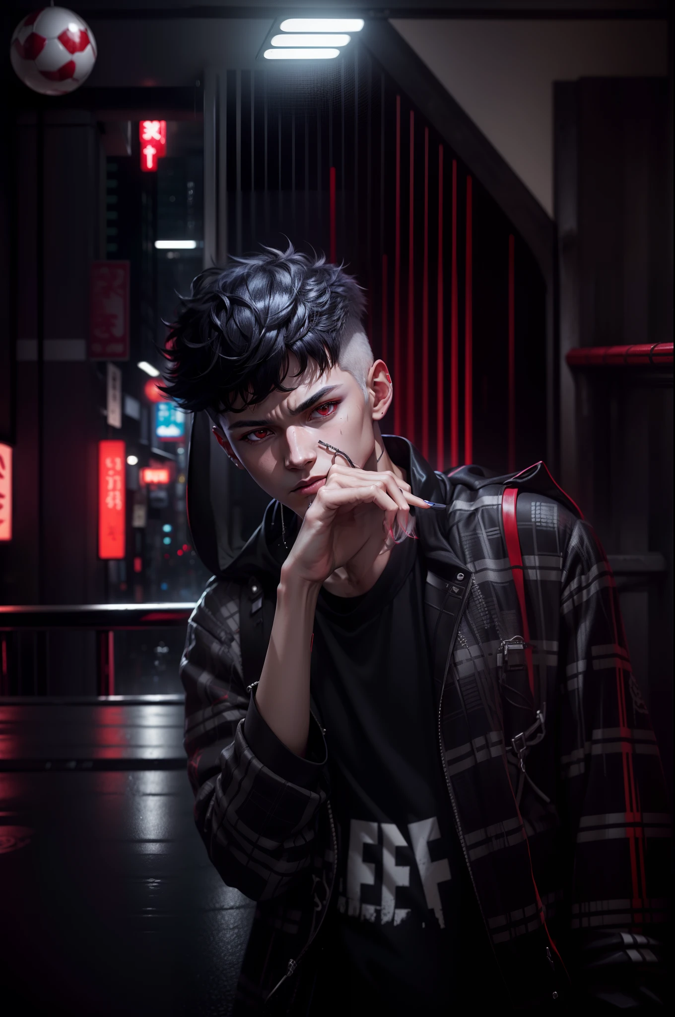 kk, best quality, more details, masterpiece, 1boy, kaneki ken, portrait, male focus, red eyes, solo, bangs, looking at viewer, hood, short hair, rain, tokyo tokyo \(city\), hood up, nail polish, white hair, luxurious, 8k, detailed, ray tracing, depth of field, cinematic lighting,