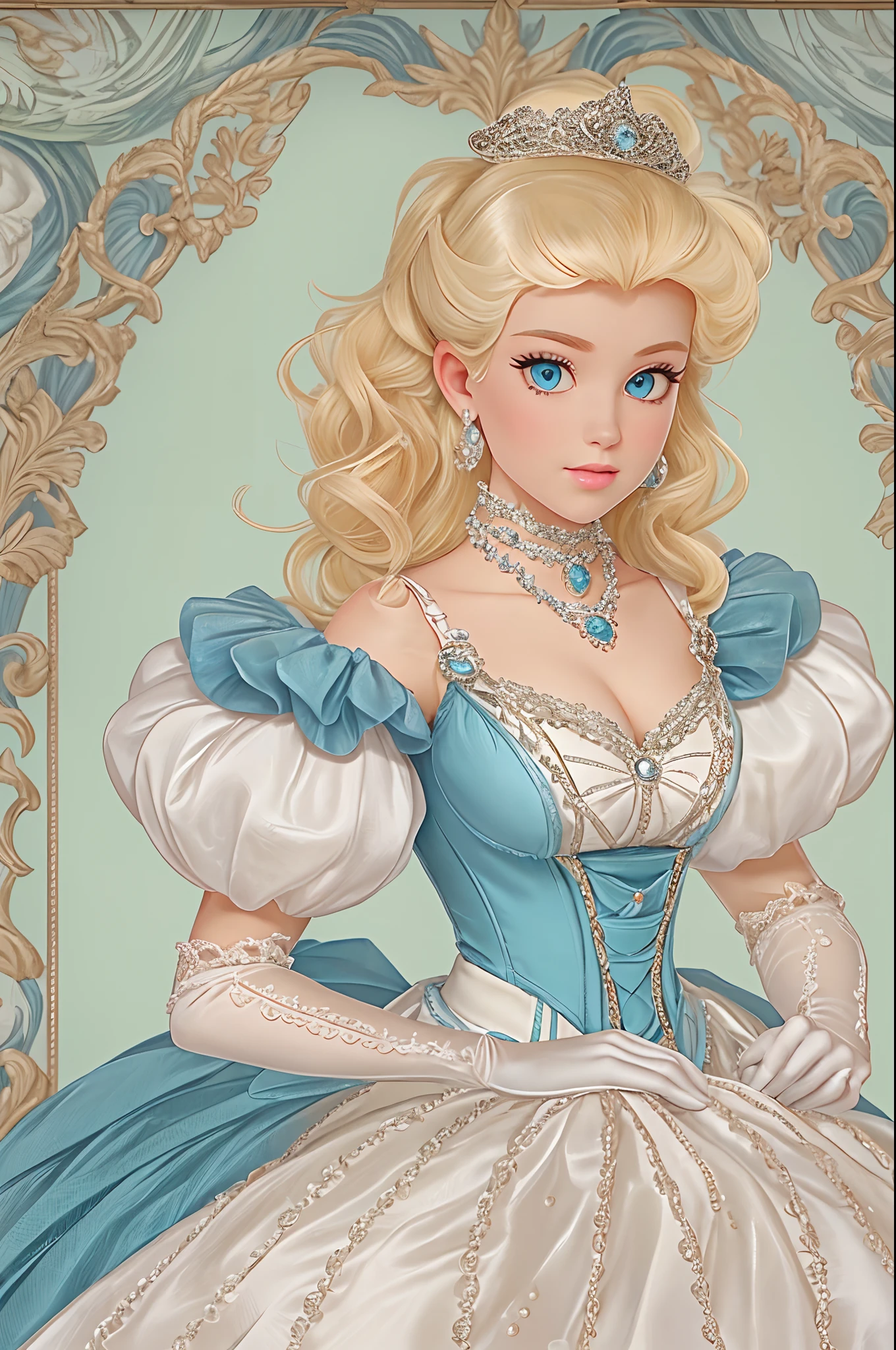 A stunningly beautiful blonde blue eyed well-dressed ultra-preppy college freshman wearing a Stately and Elaborate Royal Cinderella Ballgown with (((enormous puffed sleeves))) and an hourglass waist, a (((huge crinoline hoopskirt))) and (((bustle))), adorned with bows, embroidery, and jewels, long white gloves, pearl necklace and earrings