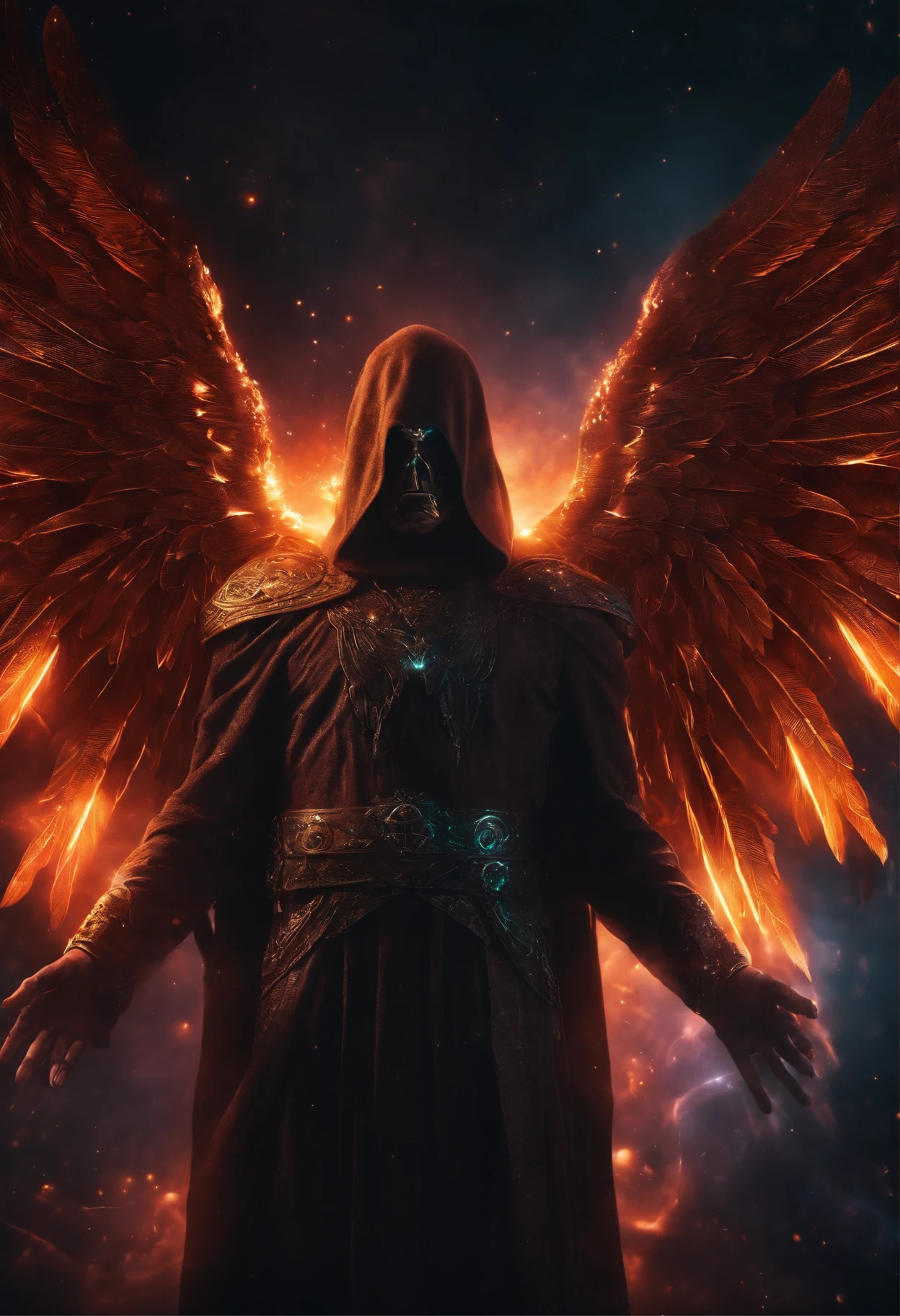 Cosmic Fallen Angel, glowing light eyes, Biomechanical, eerie, Creepy, nightmarish, Very bright colors, Light particles, with light glowing, Mshiff, wallpaper art, UHD wallpaper, anakil skywalker, years, medieval clothes
