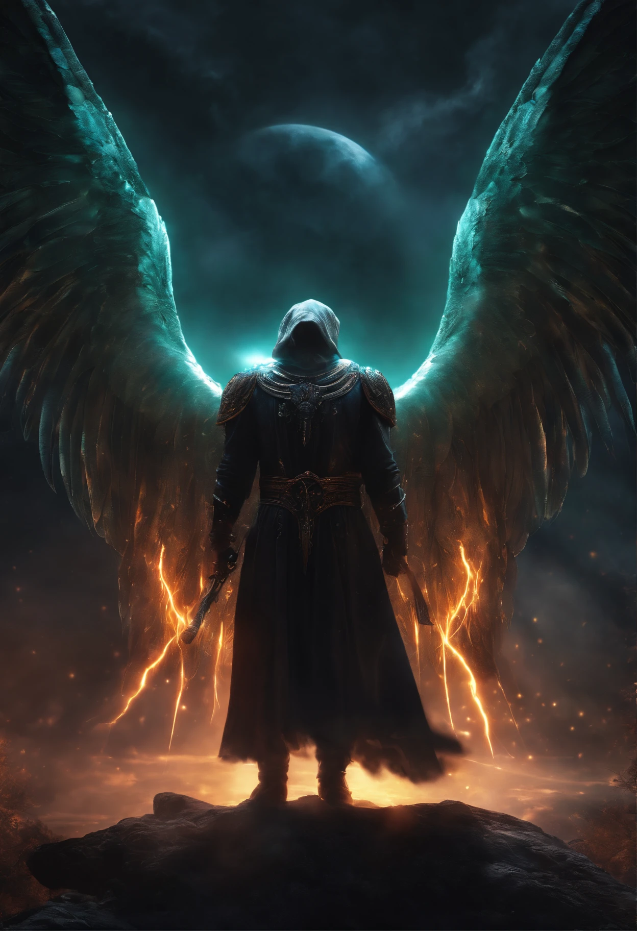 Cosmic Fallen Angel, glowing light eyes, Biomechanical, eerie, Creepy, nightmarish, Very bright colors, Light particles, with light glowing, Mshiff, wallpaper art, UHD wallpaper, anakil skywalker, 15 years, medieval clothes