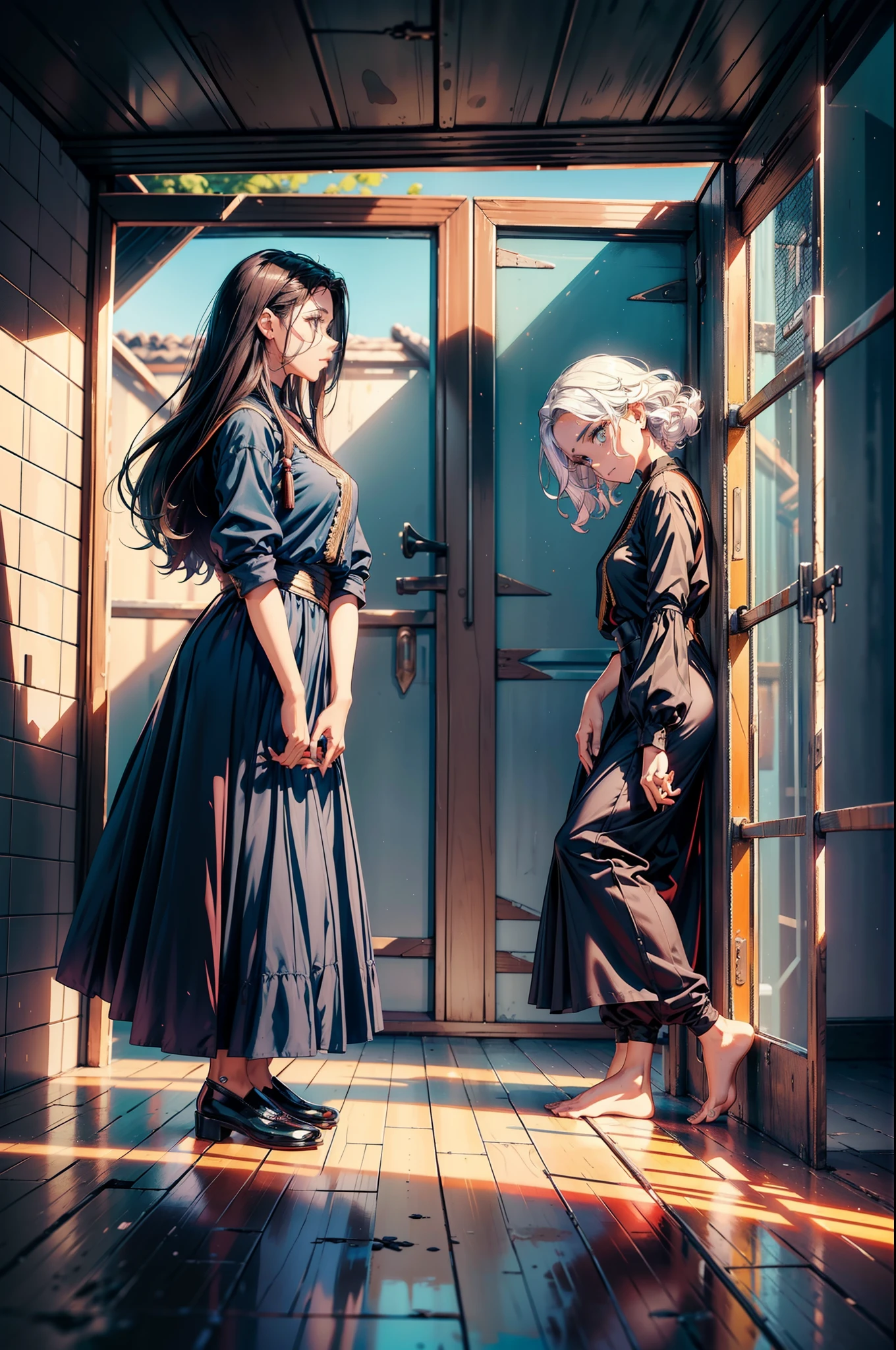(duas meninas elfas:1.5, cabelos pretos:1.1, cabelos brancos:1.2, olhos azuis:1.1, beijando-se em trajes de escravos, Roupas rasgadas, Roupas rasgadas, Looking at the Viewer, in a dark prison cell, correntes no palco, Obra-prima 4k)
