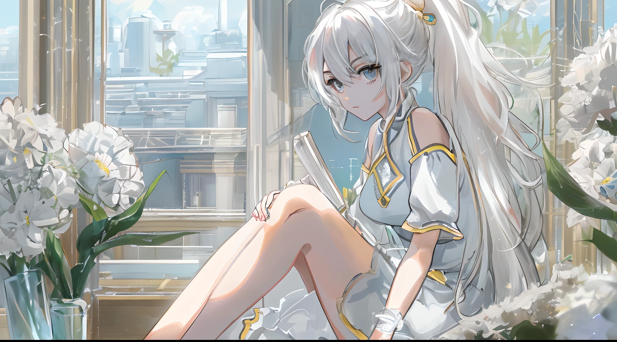 1 girl with long white hair，warmly lit，white dresses，Blurred foreground，Legs crossed, Best anime 4k konachan wallpaper, style of anime4 K, Girl with white hair, Anime art wallpaper 8 K, Anime art wallpaper 4 K, Anime art wallpaper 4k, white haired Cangcang，High ponytail，Portrait of a girl in a flower，Clean face，Light blue background