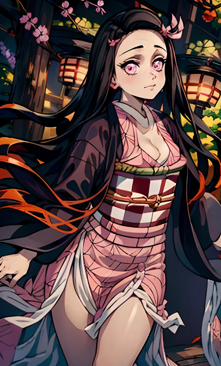 masterpiece, (Pink kimono), seductived faced, good lighting, beautiful thigh、adult appeal、Adults、Big、cleavage, finely detail, masterpiece, radiant eyes, 1girl in, A dark-haired, SUCK, Kamado Nezuko, wisteria background, masterpiece, top-quality, POV,,