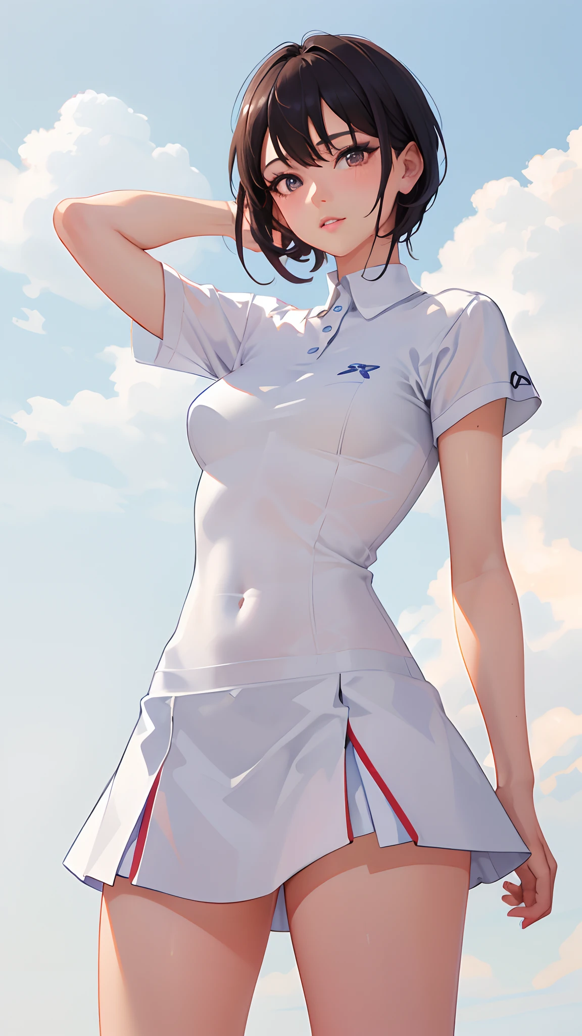 1girl, solo, white polo shirt, white sneakers, tennis wear, white miniskirt, masterpiece, best quality, realistic, hyper-detailed, (shiny skin, sweaty:1.4), absurd, looking at viewer, short black hair, brown eyes, slender, dynamic lighting, high resolution, sharp focus, depth of field, detailed eyes, sharp pupils, realistic pupils, (small breasts:1.6), (thick thighs:1.0), outdoor, sky