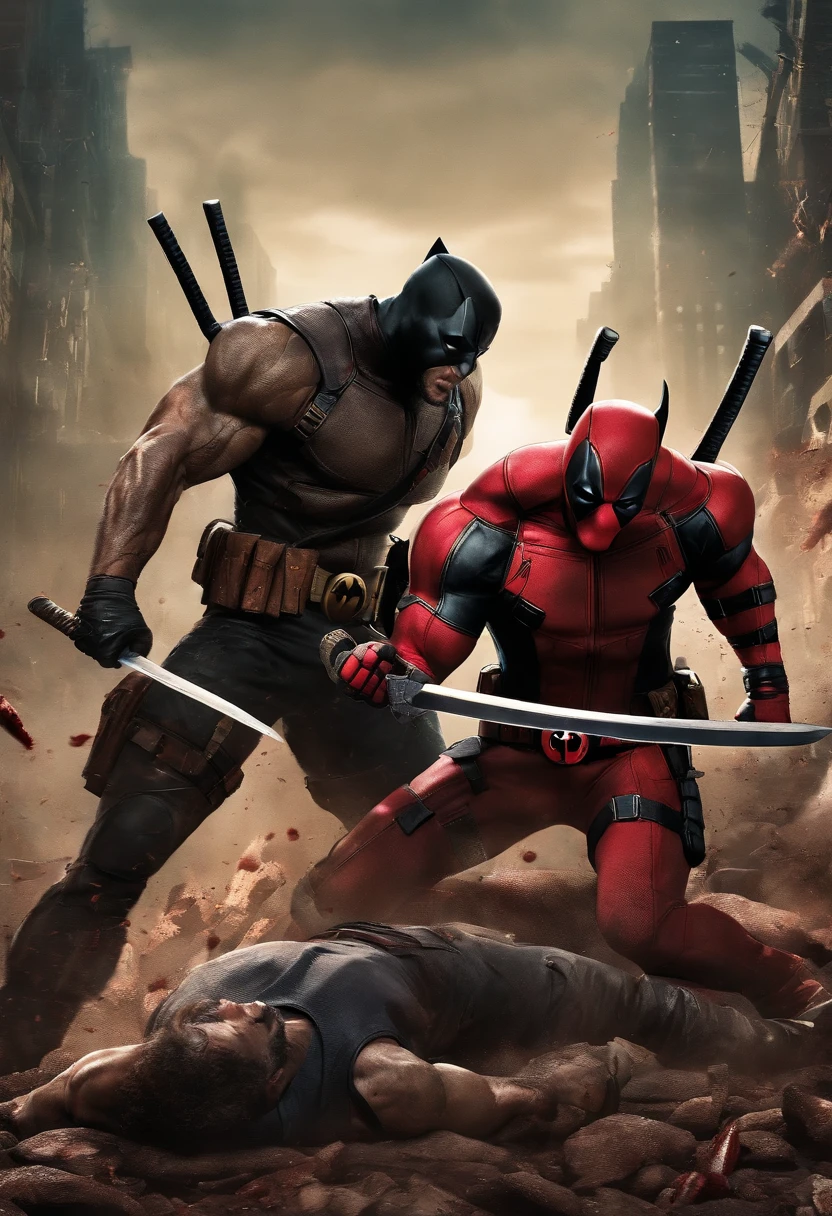 A bloody 🩸 confrontation between Deadpool and Wolverine, In a post-apocalyptic setting. The two mutants are bloodied and bruised, and their costumes are torn. Deadpool is brandishing his katanas, enquanto Wolverine empunha suas garras. The battle is fierce, And the two fighters are giving it their all. --ar 2:1