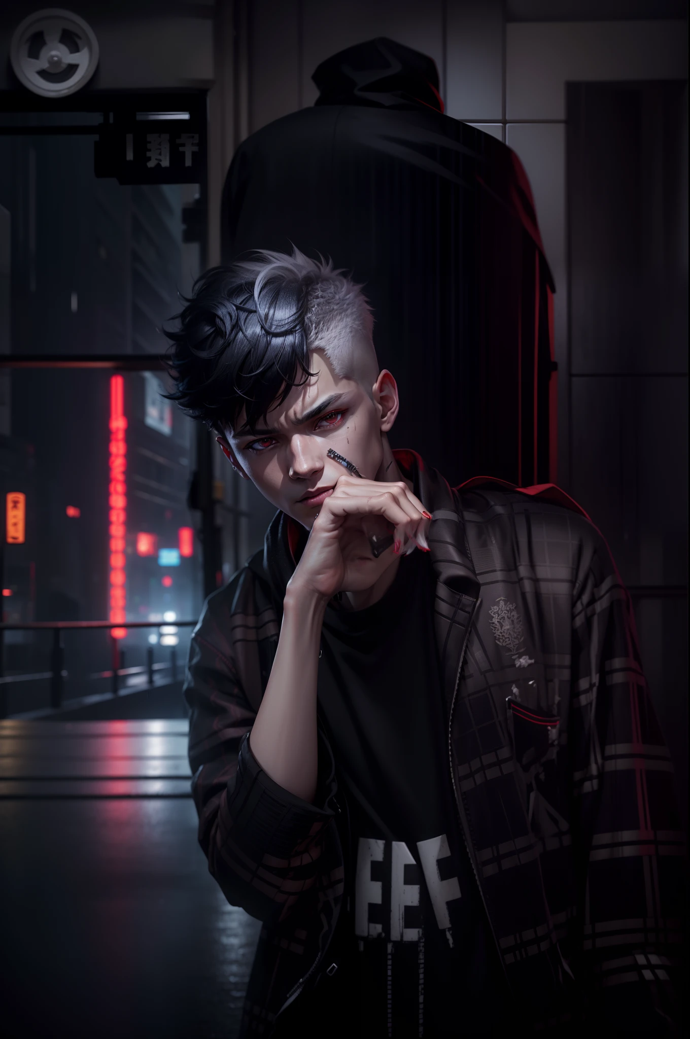 kk, best quality, more details, masterpiece, 1boy, kaneki ken, portrait, male focus, red eyes, solo, bangs, looking at viewer, hood, short hair, rain, tokyo tokyo \(city\), hood up, nail polish, white hair, luxurious, 8k, detailed, ray tracing, depth of field, cinematic lighting,